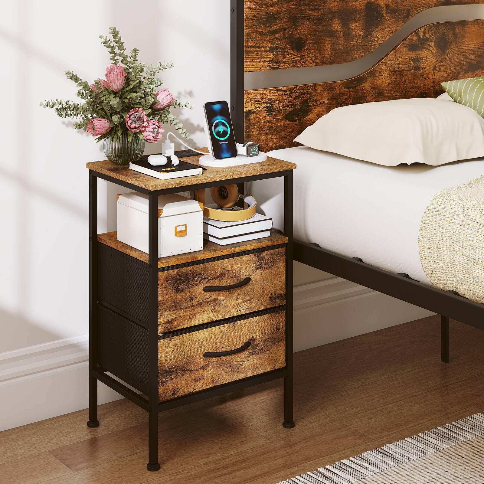 Alt View 3. Costway - Costway 1 PCS Nightstand with Charging Station, 24.5" Modern Bedside Table with 2 Fabric Drawers - Rustic Brown + Black.