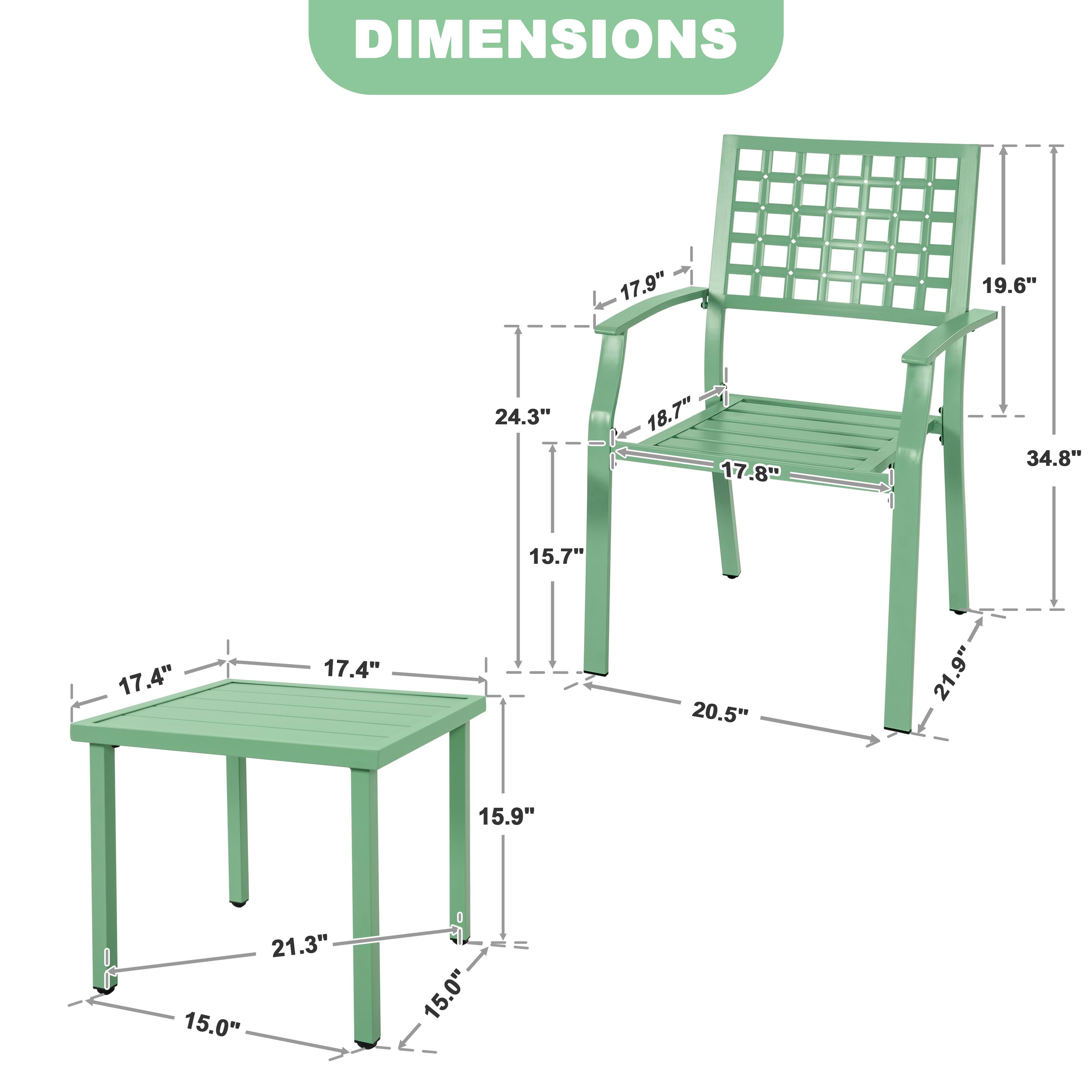 DIMENSIONS

- Table:
  - Length: 17.4"
  - Width: 17.4"
  - Height: 15.7"
  - Leg Height: 15.0"
  - Leg Width: 21.3"
  - Overall Height: 24.3"

- Chair:
  - Seat Width: 17.8"
  - Seat Depth: 18.7"
  - Back Height: 19.6"
  - Overall Height: 34.8"
  - Armrest Height: 17.9"
  - Base Width: 20.5"
  - Base Depth: 21.9"