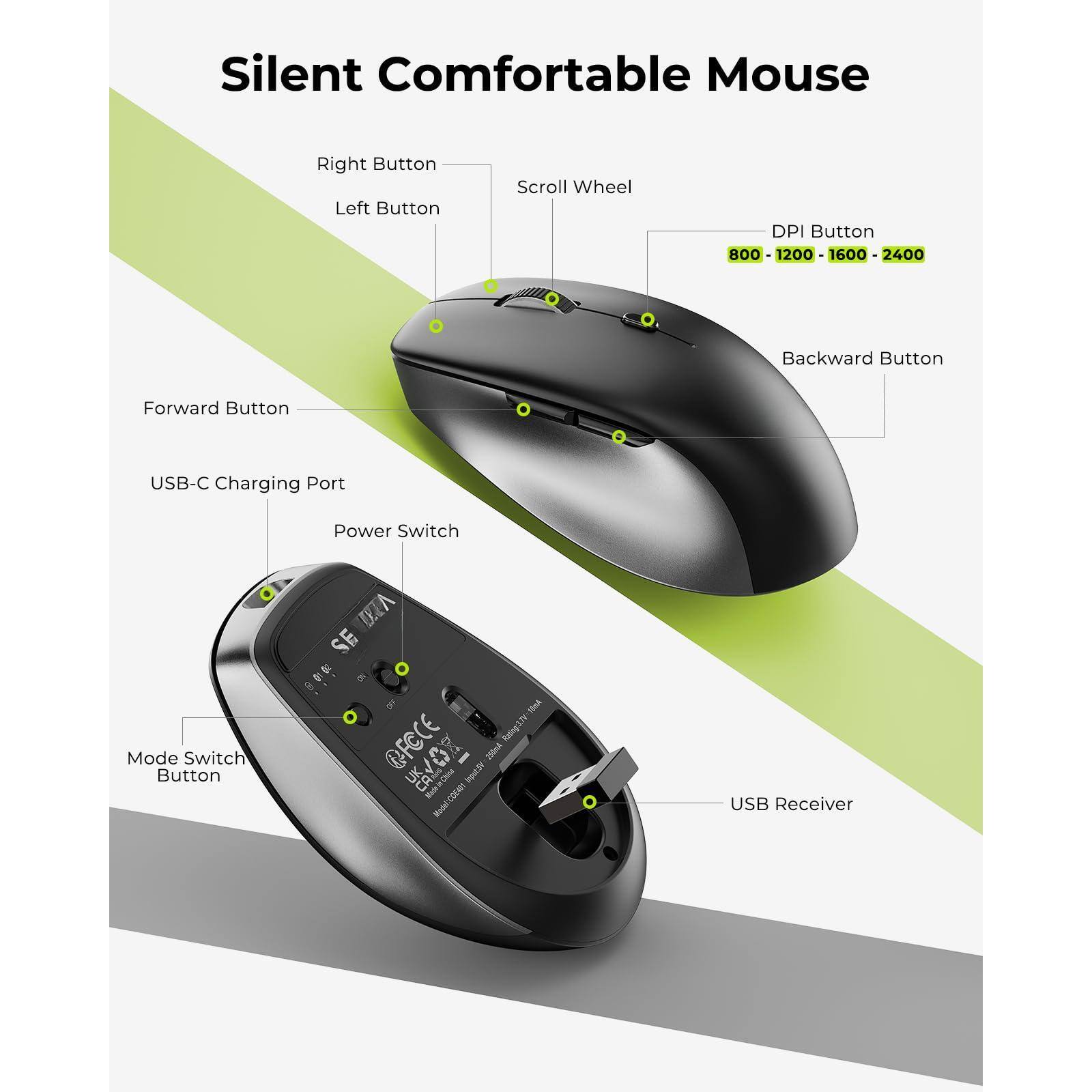 Silent Comfortable Mouse

- Right Button
- Left Button
- Scroll Wheel
- DPI Button (800 - 1200 - 1600 - 2400)
- Backward Button
- Forward Button
- USB-C Charging Port
- Power Switch
- Mode Switch Button
- USB Receiver