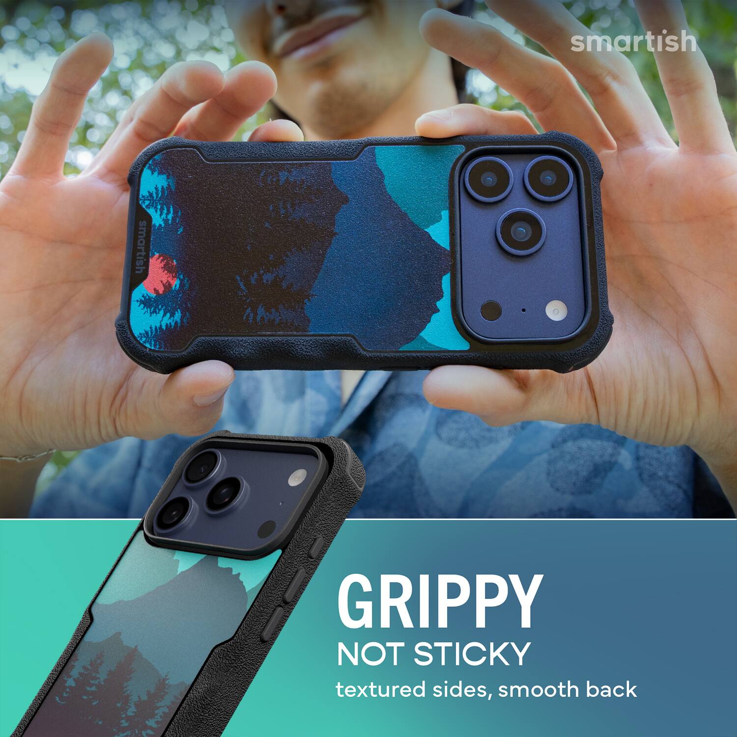 smartish  
GRIPPY NOT STICKY  
textured sides, smooth back