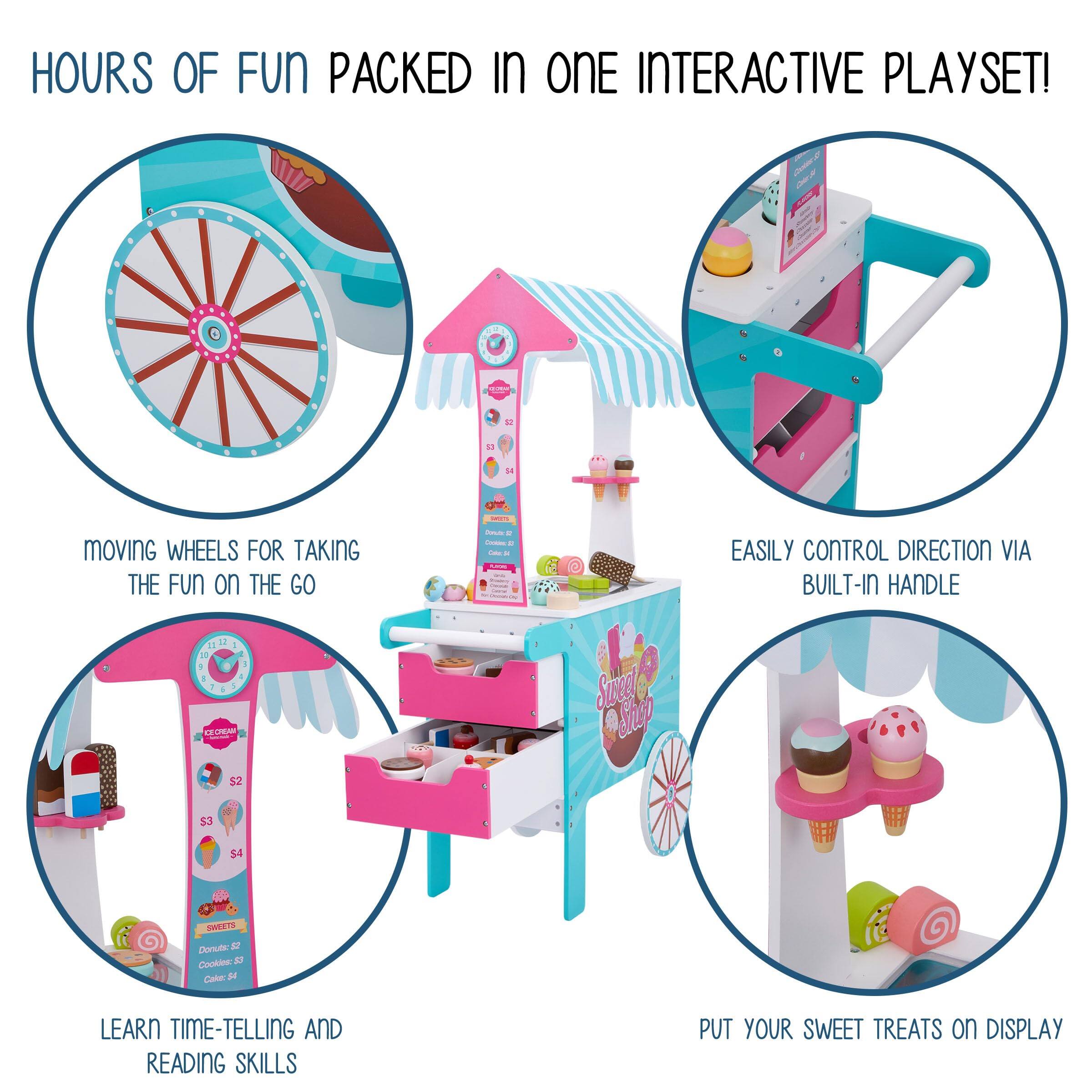 HOURS OF FUN PACKED IN ONE INTERACTIVE PLAYSET!

1. Moving wheels for taking the fun on the go
2. Easily control direction via built-in handle
3. Learn time-telling and reading skills
4. Put your sweet treats on display