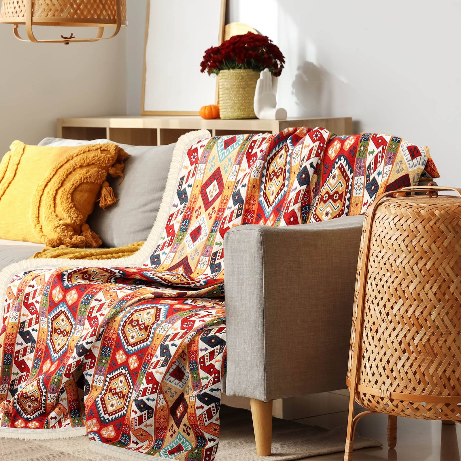 Alt View 3. Oumilen - Boho Tribal Geometric Tablecloth with White Fringe Tassels – Rectangle for Farmhouse Party, 59x86.6in - Multicolor.