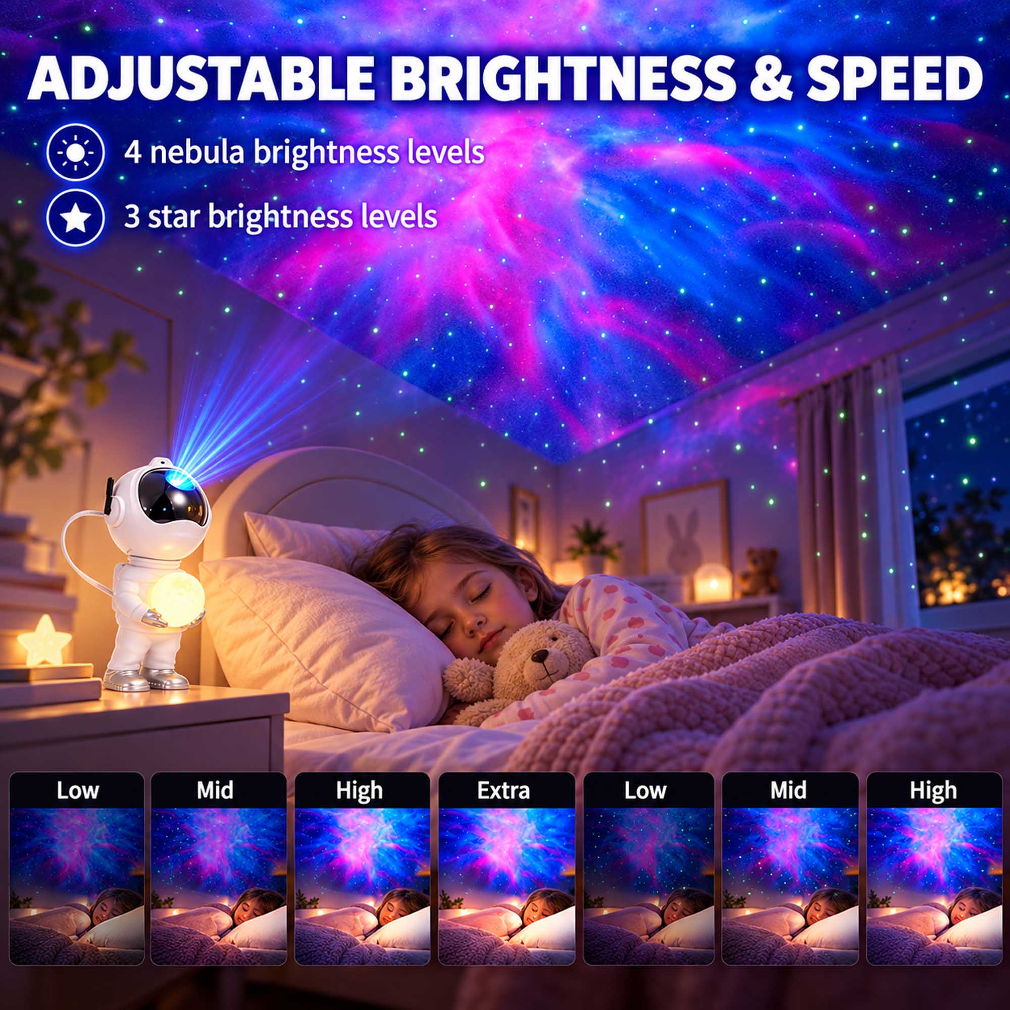 ADJUSTABLE BRIGHTNESS & SPEED

4 nebula brightness levels
3 star brightness levels

Low
Mid
High
Extra
Low
Mid
High