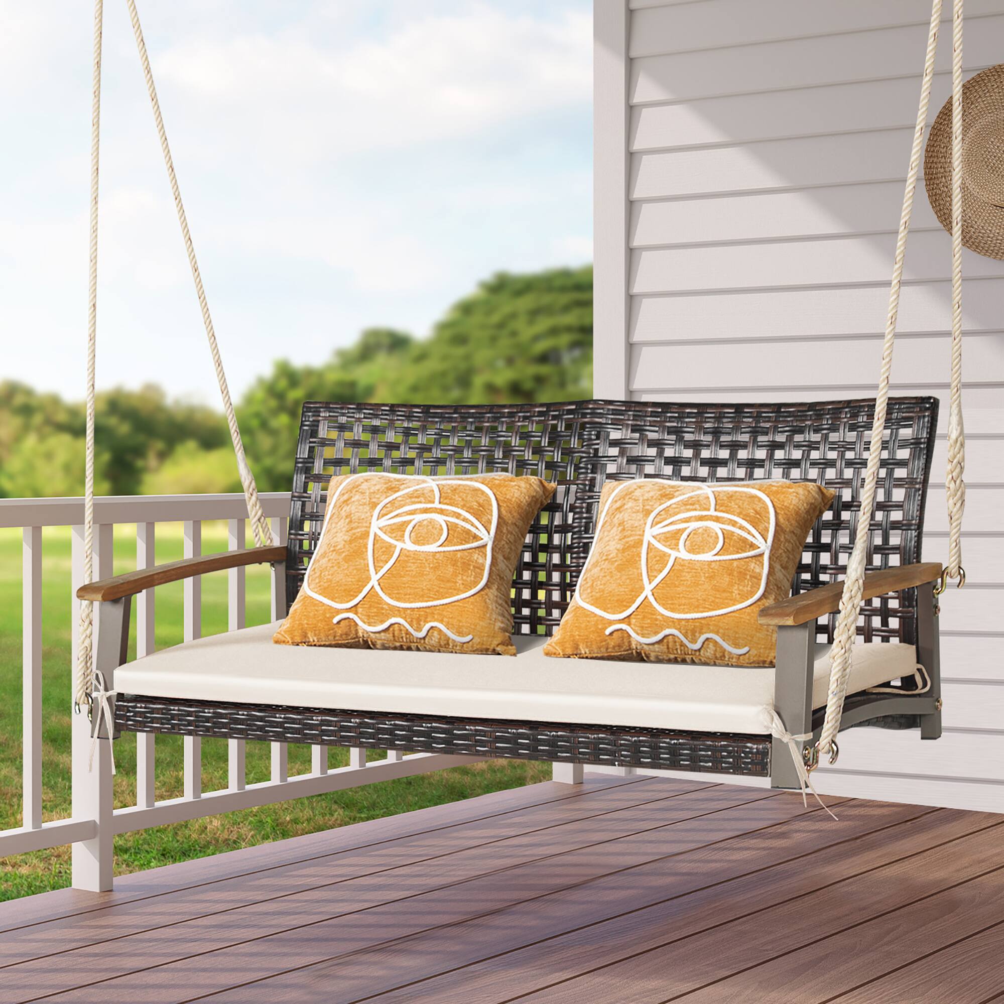 Alt View 1. Costway - Costway 2-Person Patio Rattan Hanging Swing Chair Porch Loveseat Cushion - Off White.