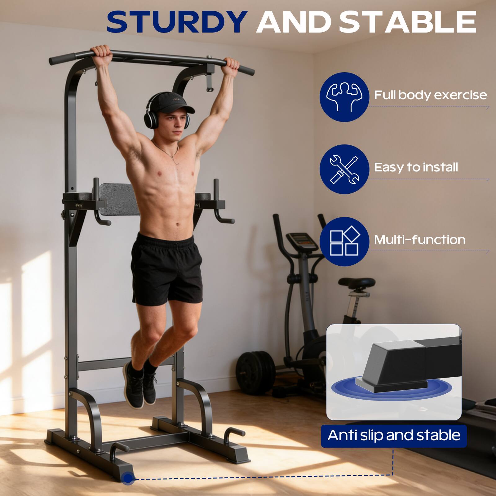 KERDOM - Home Gym Power Tower Pull Up Bar, Padded Handle, Adjustable Height Dip Station Workout Stand Muscle Strength Exercise - Black