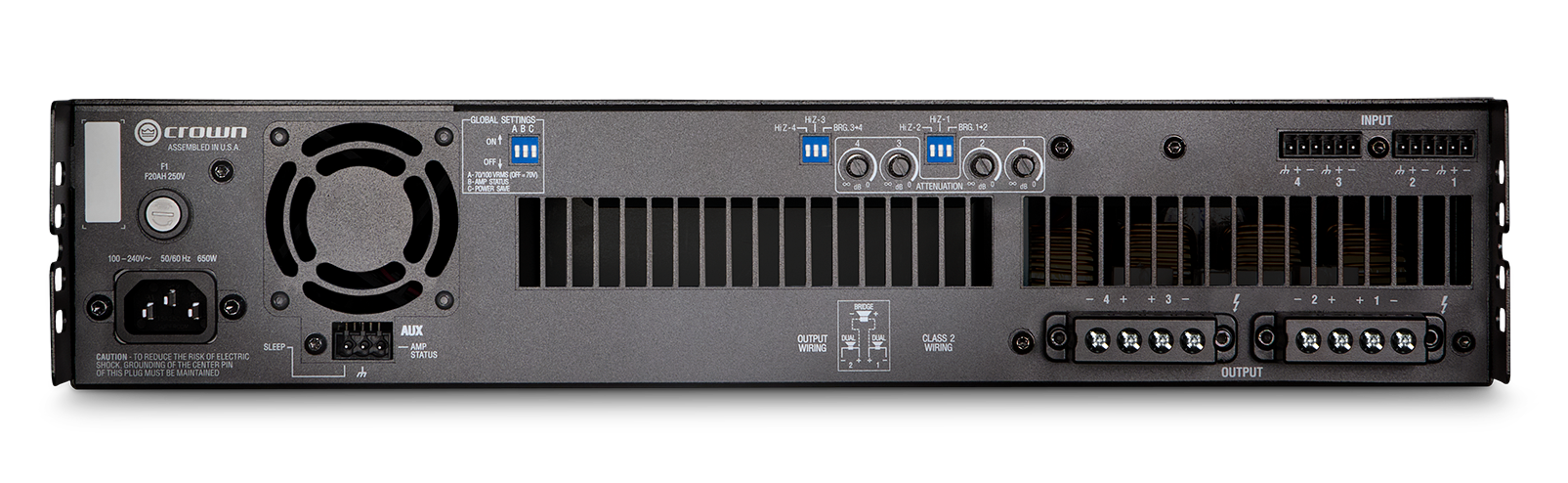 The text on the image reads:

"Crown ASSEMBLED NUSA P1 F20AH vom GLOBAL SOLUTIONS & ARC ont oFF + -  -P  Ar HZ-3 3 HZ-4 BRG.34 i . HZ-1  10-0 1+2 !. - ATTENUATION :  + 4 + + 3 INPUT + 2 th + 1 100 -240V- 50/60 J GSOW SLEEP CAUTION 13 REDUCE TH RISK OF BLECTRIC CHOCA GROUNDIN C THE OENTER PIN OF tes PLUG Mus BE UA TAINED t AUX AMP STATUS OUTPUT WIRING SIAL a CLASS 2 WIHING - 4 + + 3 ee 5 OUTPUT - 2 + + 1 -"

The text appears to be a combination of technical specifications and warnings related to the device. It is likely that the device is an electronic component or equipment, and the text provides information about its features, usage, and safety precautions.