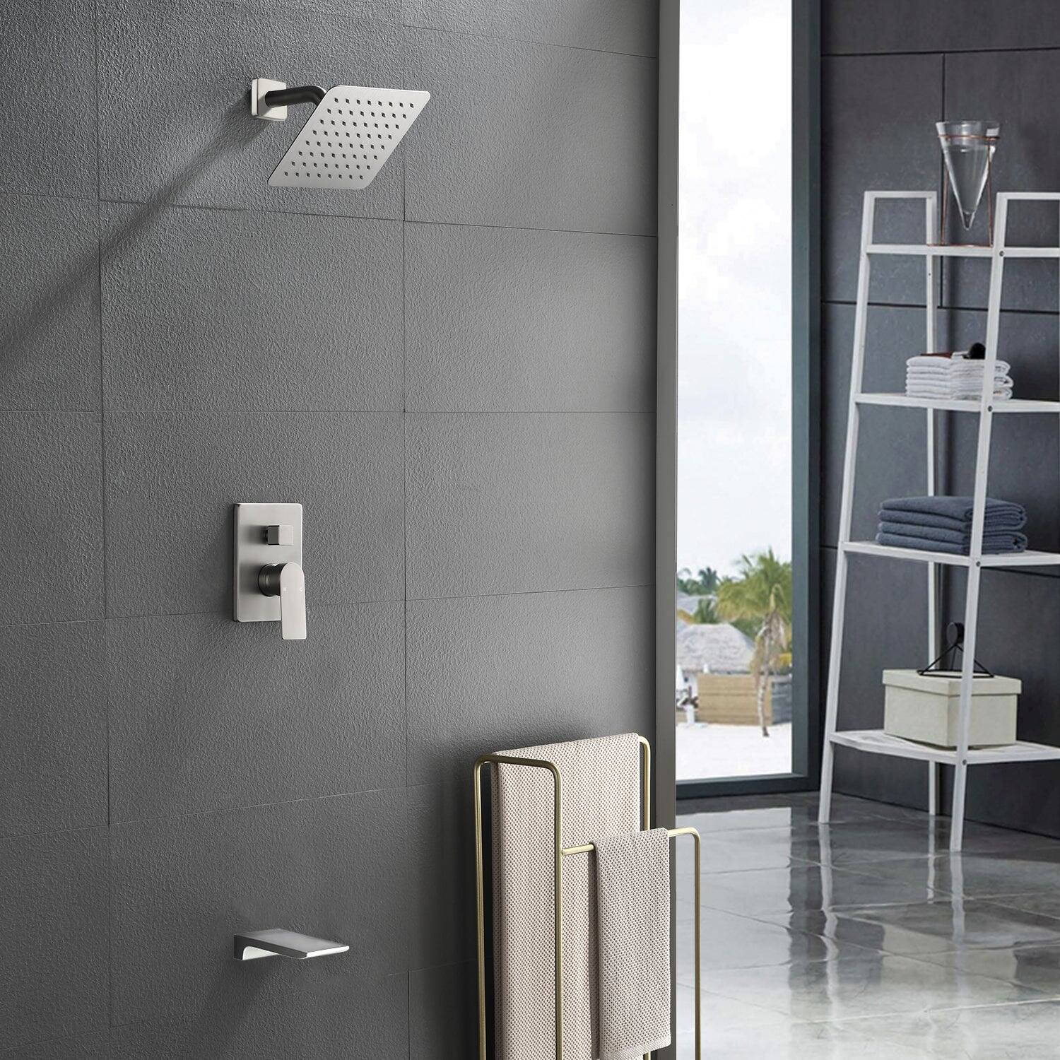 Alt View 4. Boyel Living - Brushed Nickel 2-Function Brass Pressure Balance Valve 8 Inch SUS304 Top Spray Waterfall Spout Dual Water Outlet - Brushed Nickel.