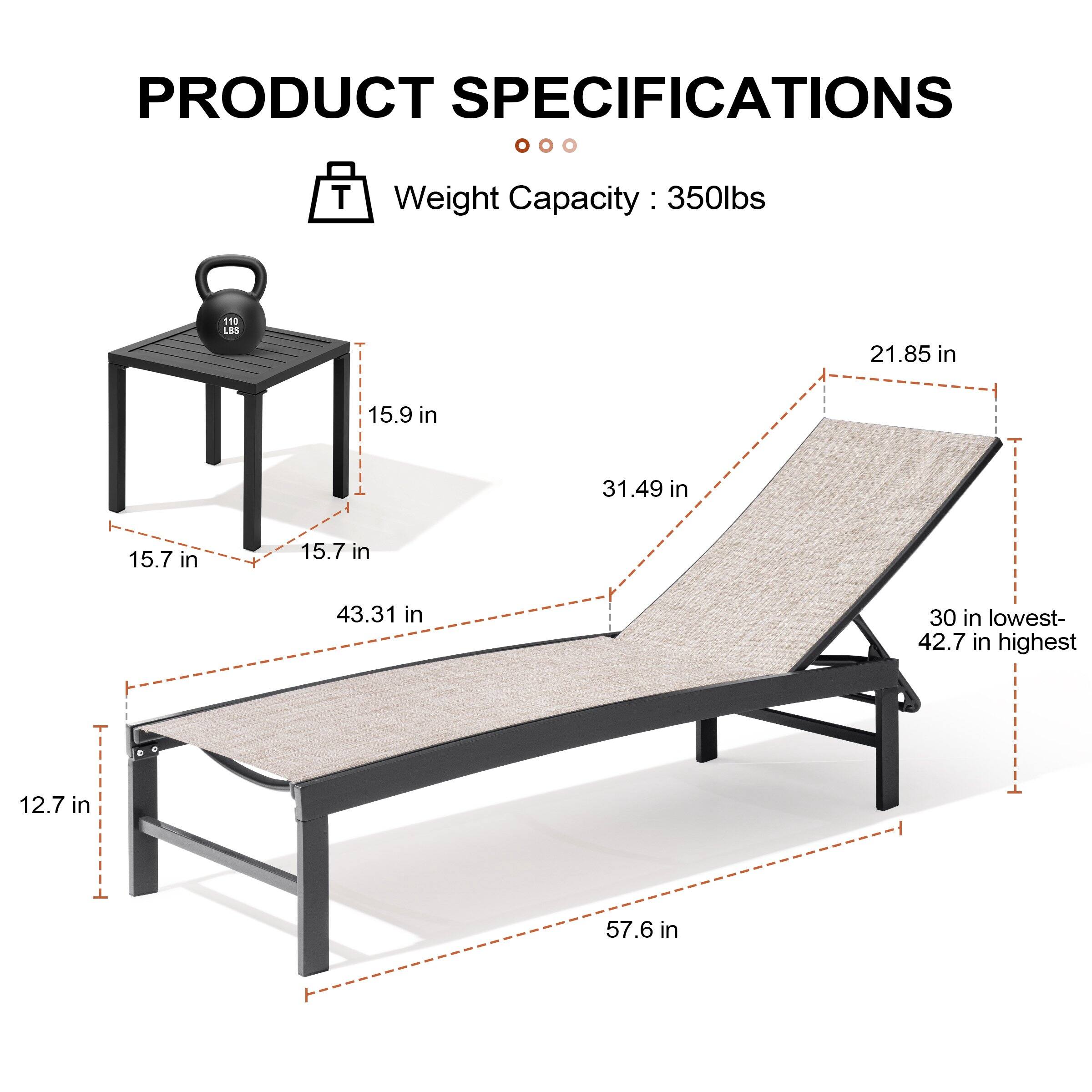 PRODUCT SPECIFICATIONS

Weight Capacity: 350lbs

- 110 lbs
- 21.85 in
- 15.9 in
- 31.49 in
- 15.7 in
- 15.7 in
- 43.31 in
- 30 in lowest- 42.7 in highest
- 12.7 in
- 57.6 in