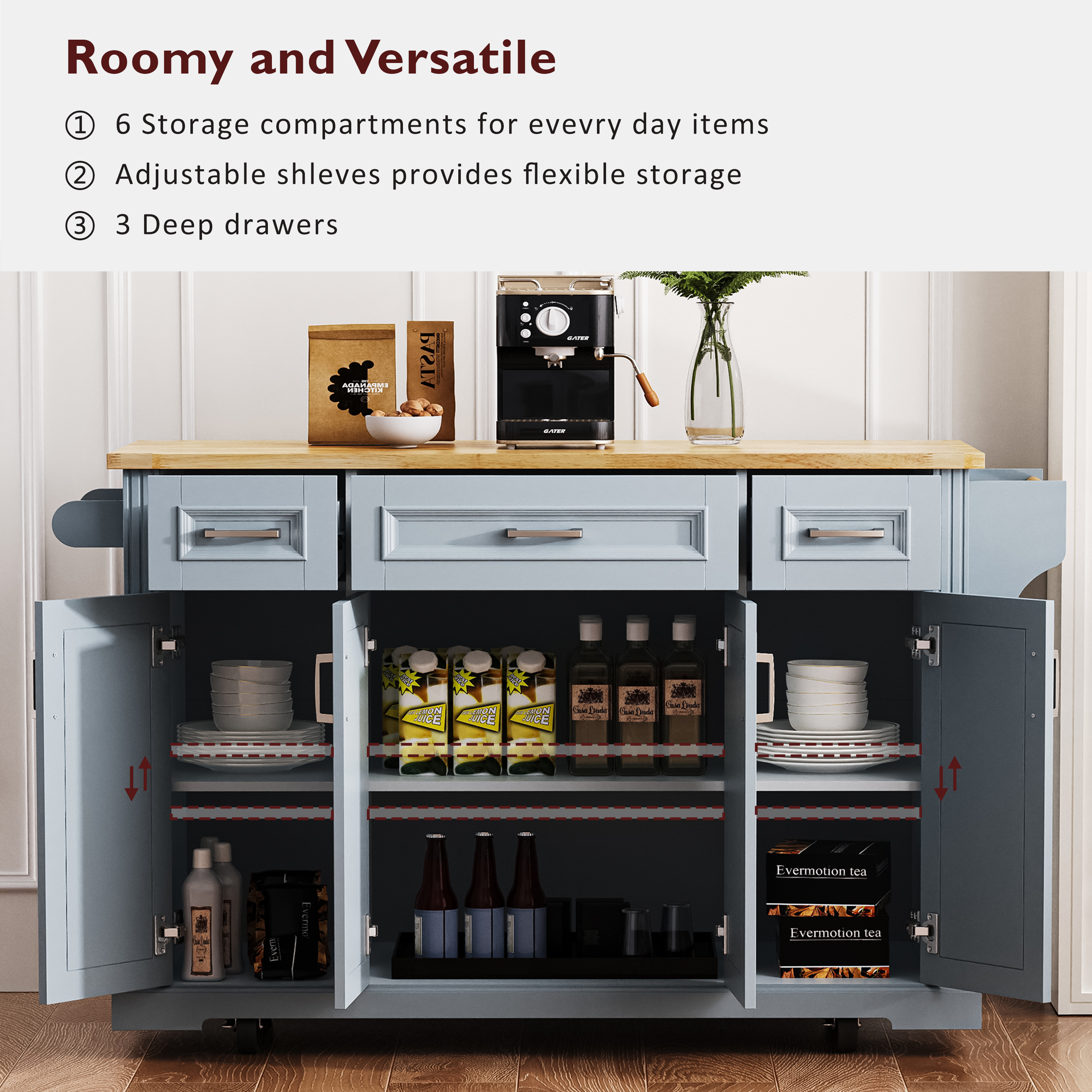 Roomy and Versatile

1. 6 Storage compartments for everyday items
2. Adjustable shelves provide flexible storage
3. 3 Deep drawers