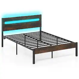 Costway - Full Size Bed Frame with Built-in Charging Station Sturdy Mattress Foundation - Walnut,Black