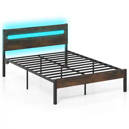 Front. Costway - Costway Full Size Bed Frame with Built-in Charging Station Sturdy Mattress Foundation - Walnut,Black.
