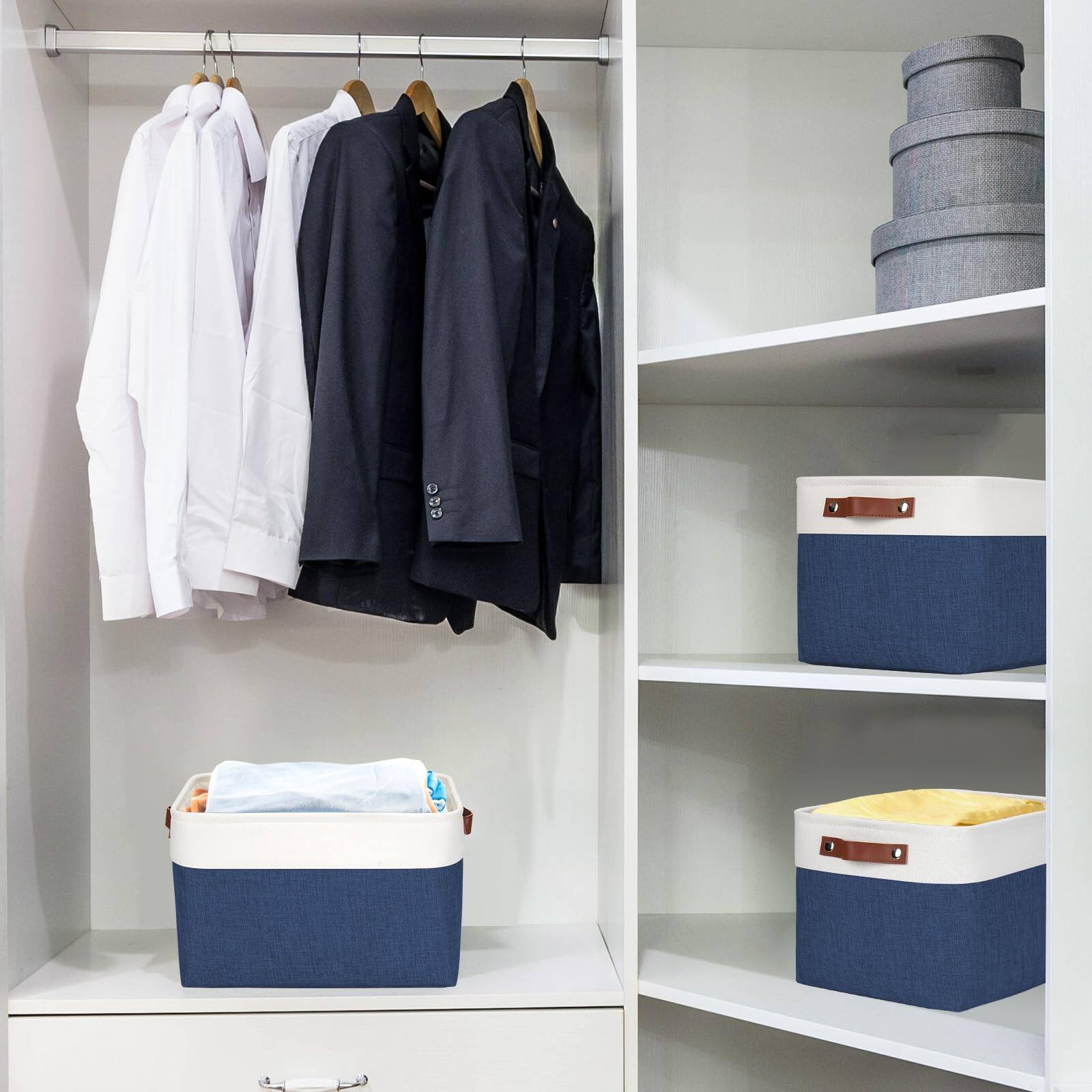 Alt View 2. Dapper Styles - Storage Bins Fabric Baskets For Shelves Decorative Linen Closet With Handles Organizing Shelf Clothes Home ... - NavyBlue / Off-White-Large -15"x11"x9.5".