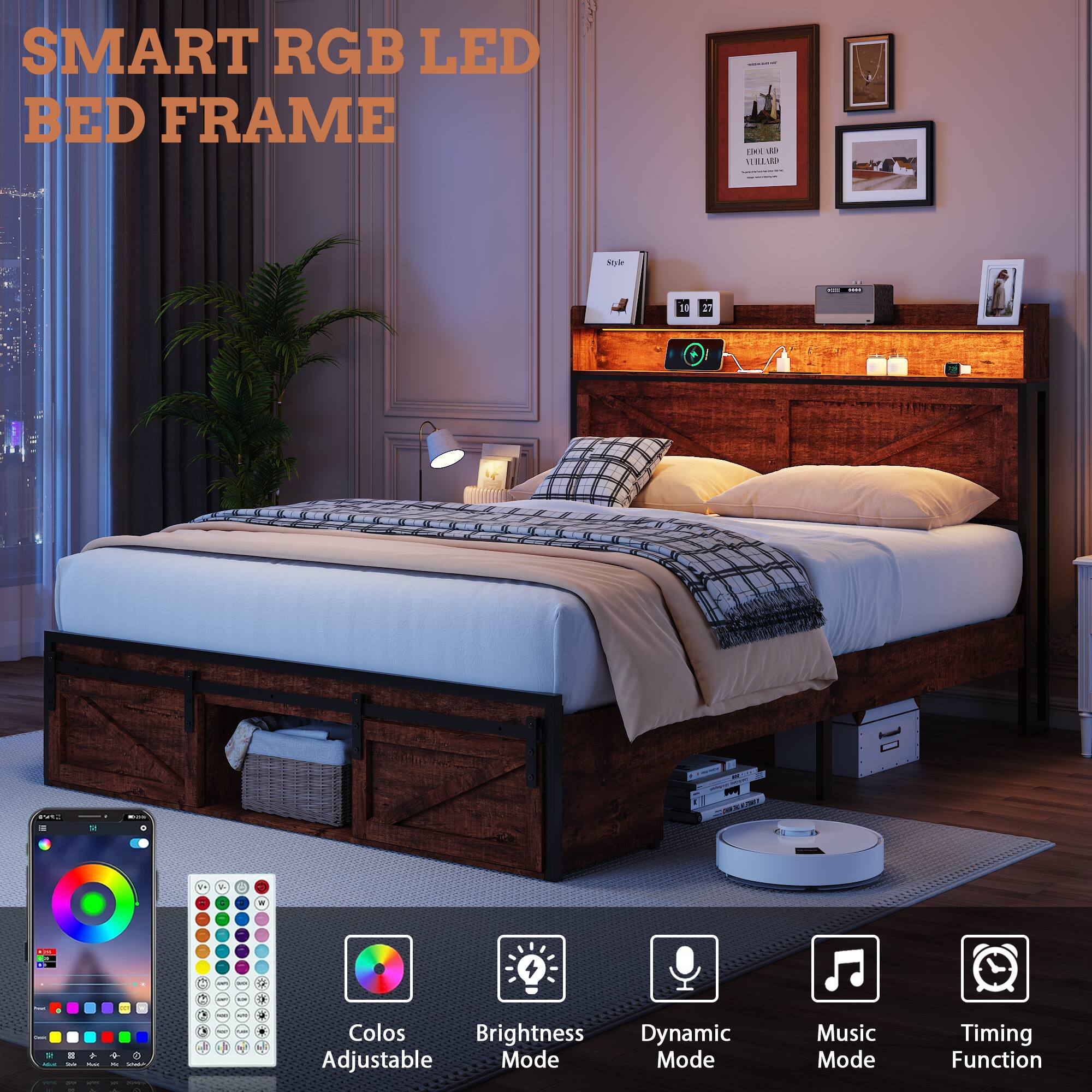 SMART RGB LED BED FRAME

- Colours Adjustable
- Brightness Mode
- Dynamic Mode
- Music Mode
- Timing Function