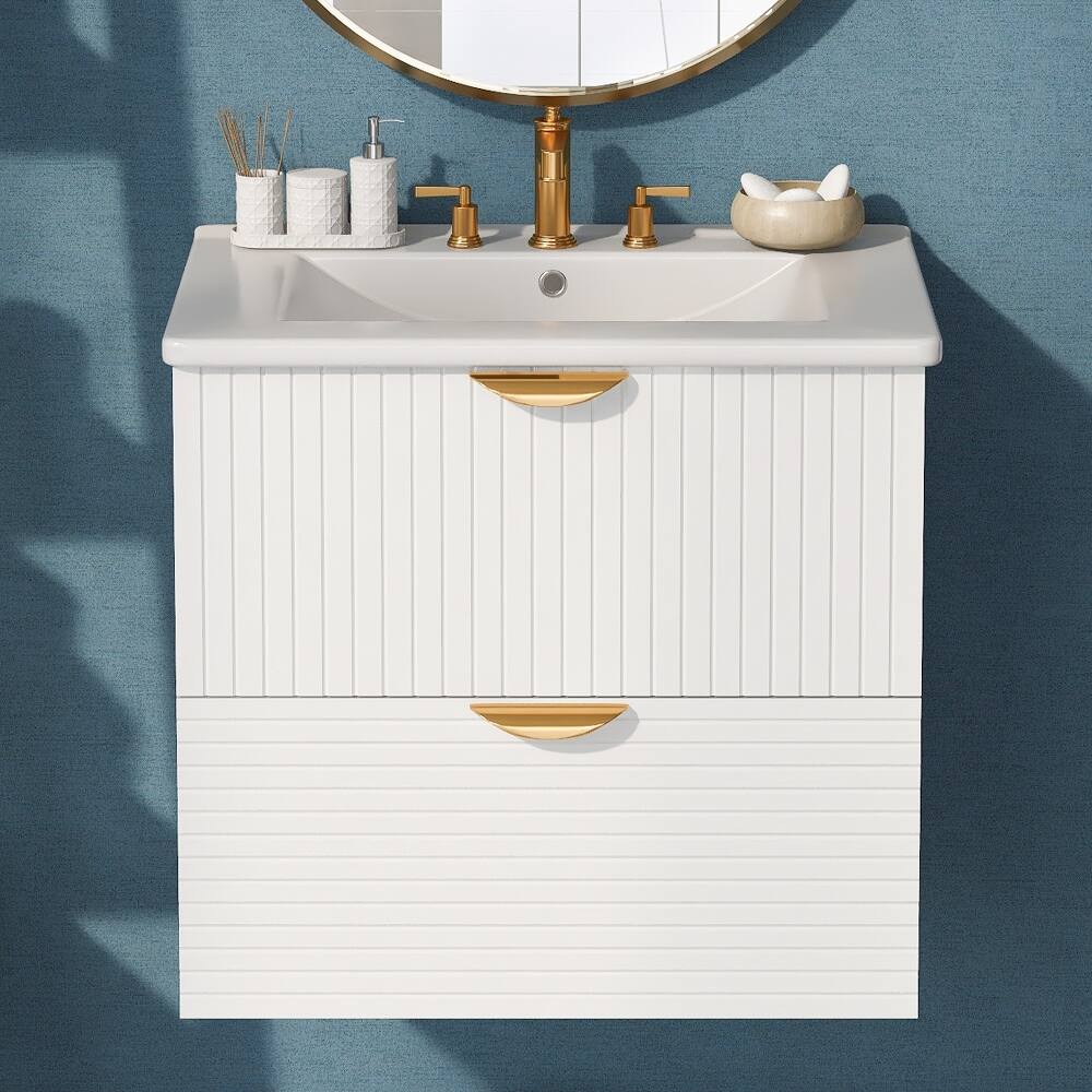 Left. Loheer - Loheer 24 inch wall mounted bathroom vanity White Floating Vanity with Sink 2 Drawer Bathroom Cabinet - White.