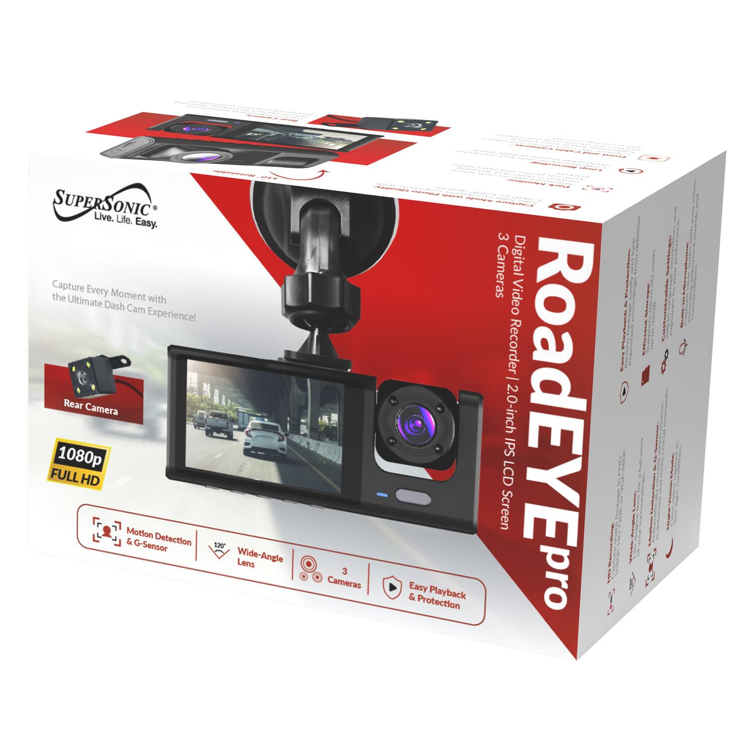 SUPERSONIC Live. ONIC Life. Easy. Capture Every Moment with the Ultimate Dash Cam Experience! Rear Camera 1080p FULL HD Motion Detection & G-Sensor Wide-Angle Lens 3 Cameras - Easy Playback & Protection 3 Cameras Digital Video Recorder | 2.0-inch RoadEYEpro IPS LCD Screen