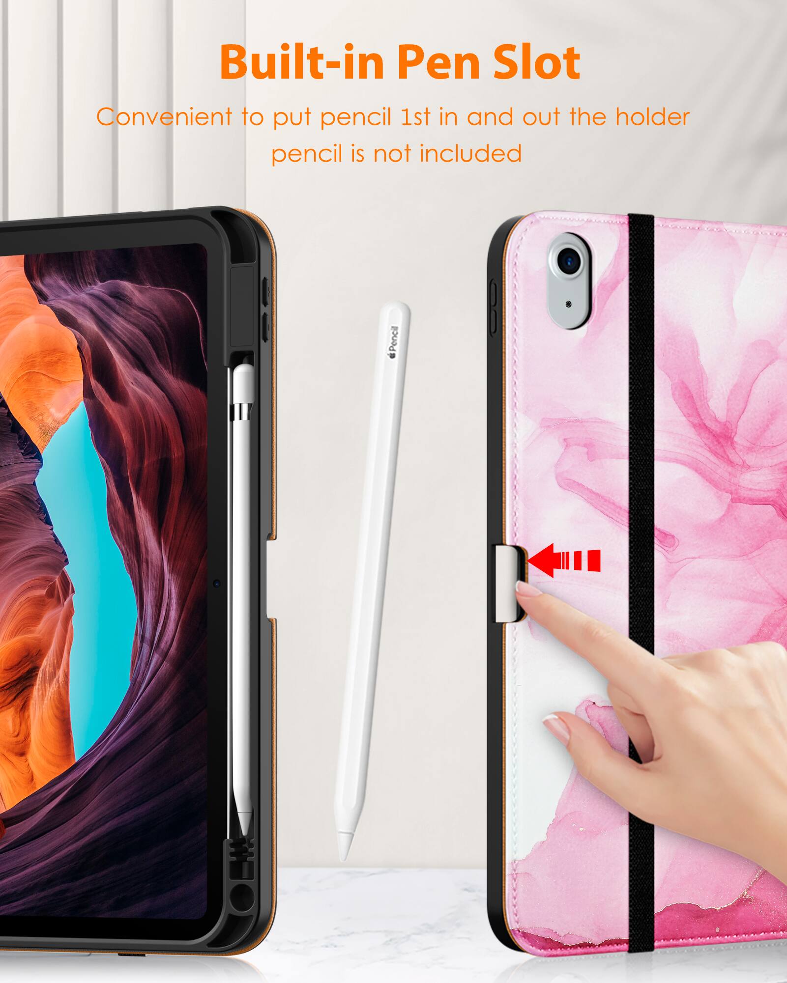 Built-in Pen Slot  
Convenient to put pencil 1st in and out the holder  
pencil is not included