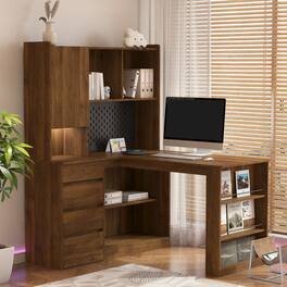 Whisen - L-Shaped Computer Desk with Power Outlet, Corner Gaming Desk with Storage Shelves & Drawers - Brown