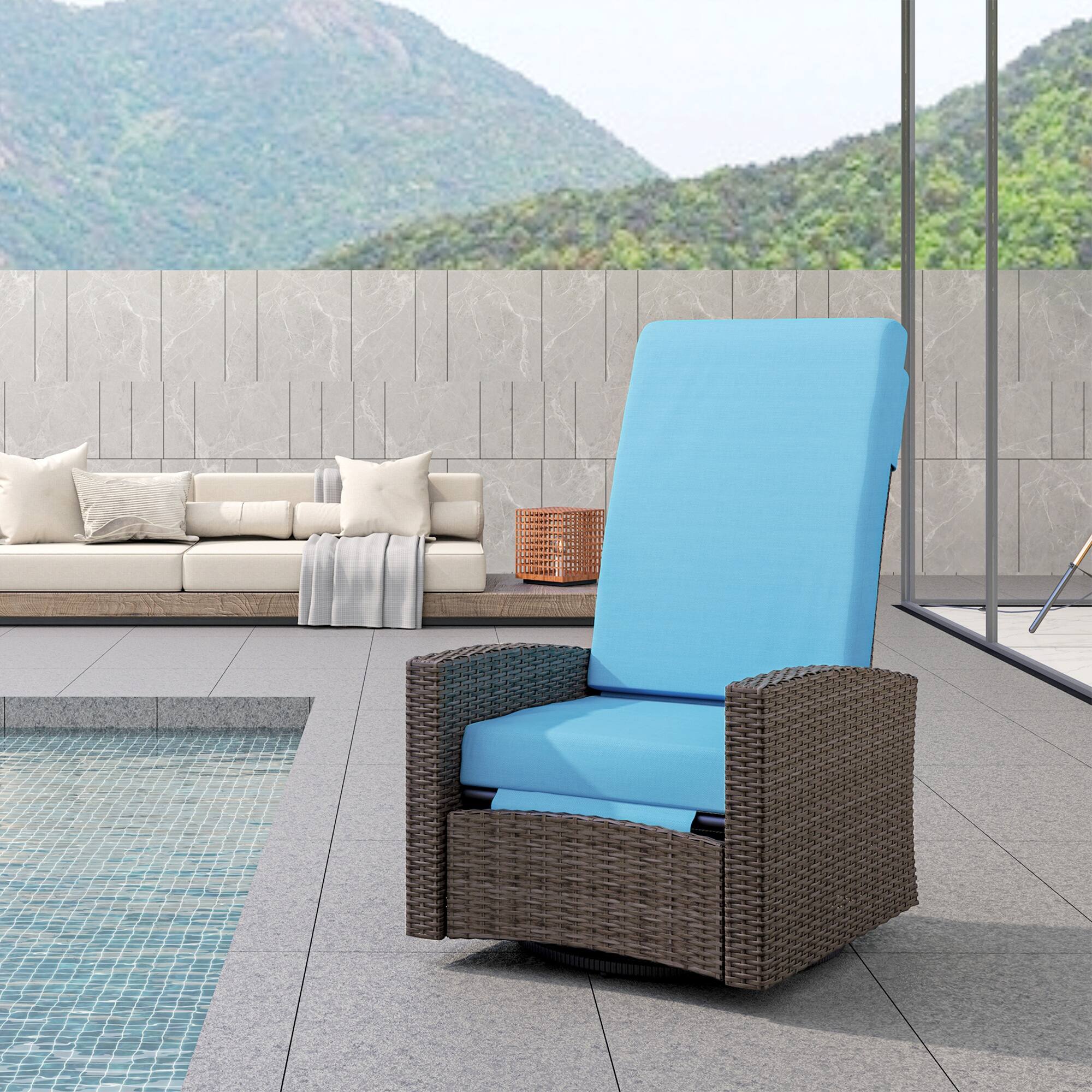 Alt View 7. Outsunny - Outdoor Wicker Swivel Recliner Chair, Reclining Backrest, Lifting Footrest, 360° Rotating Basic - Sky Blue.
