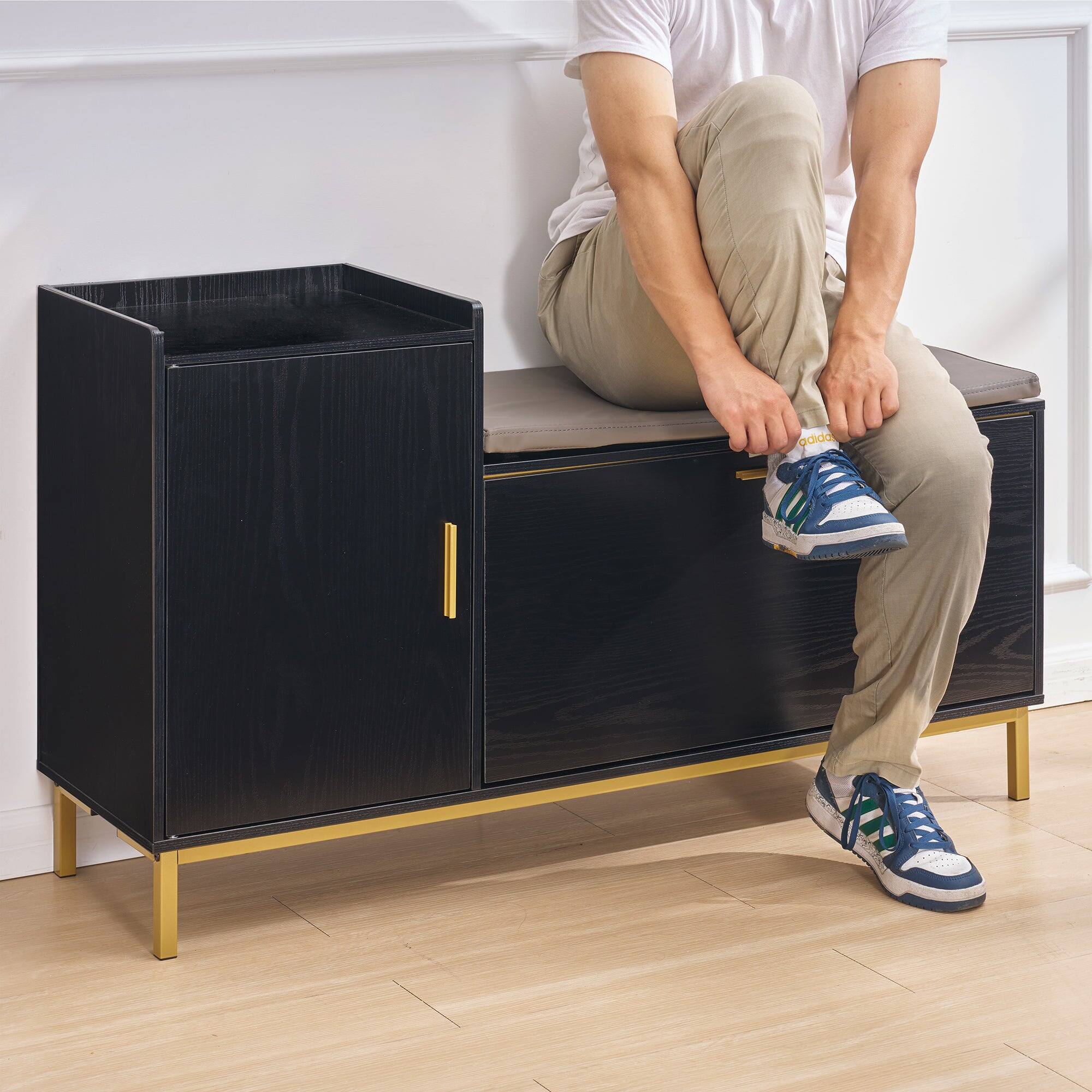 Left. Vecelo - Flip Drawer Shoe Storage Bench with Cushion, Entryway Shoe Bench with PU Leather Seat and Steel Frame - Black.