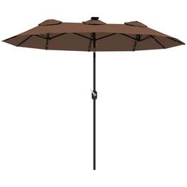 Outsunny - Double Sided Patio Umbrella, 9.7' Large Outdoor Market Umbrella with LED Solar Light, Tilt and Crank, 3 Air Vents - Coffee
