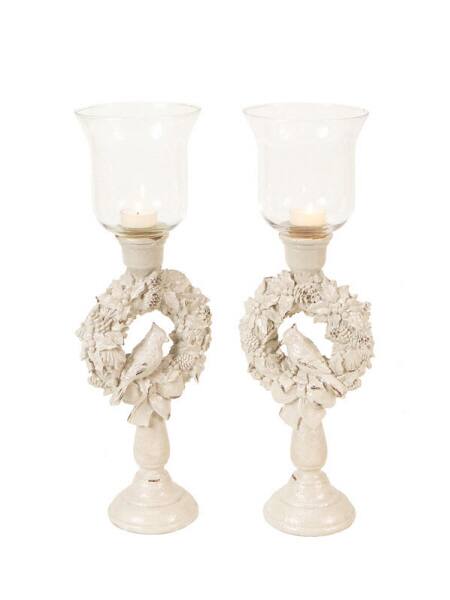 Front. CC Christmas Decor - Set of 2 Winter Solace Bird in a Christmas Wreath Glass Candle Holders 18" - White.