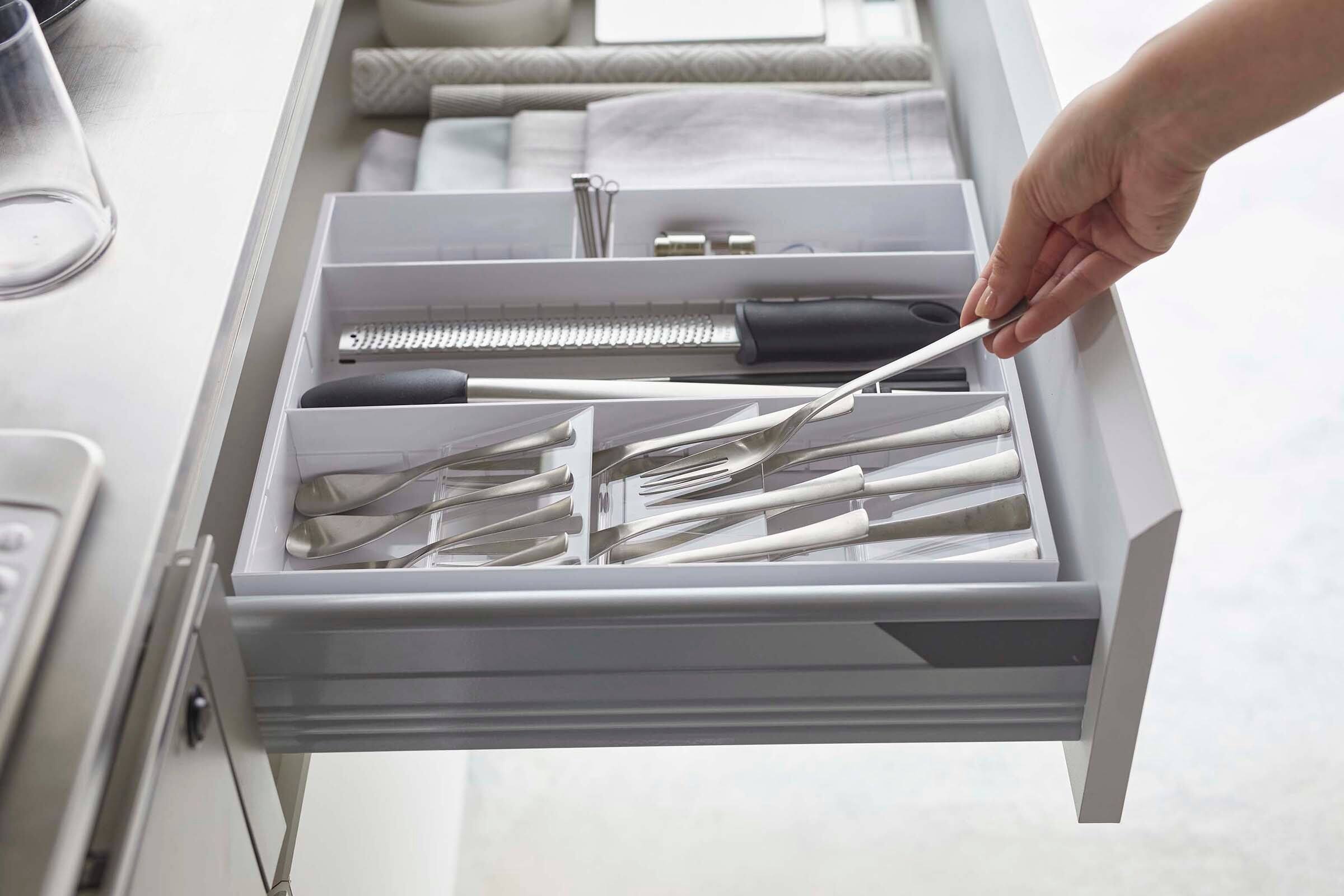 Left. Yamazaki Home - Expandable Cutlery Organizer - Large - white.
