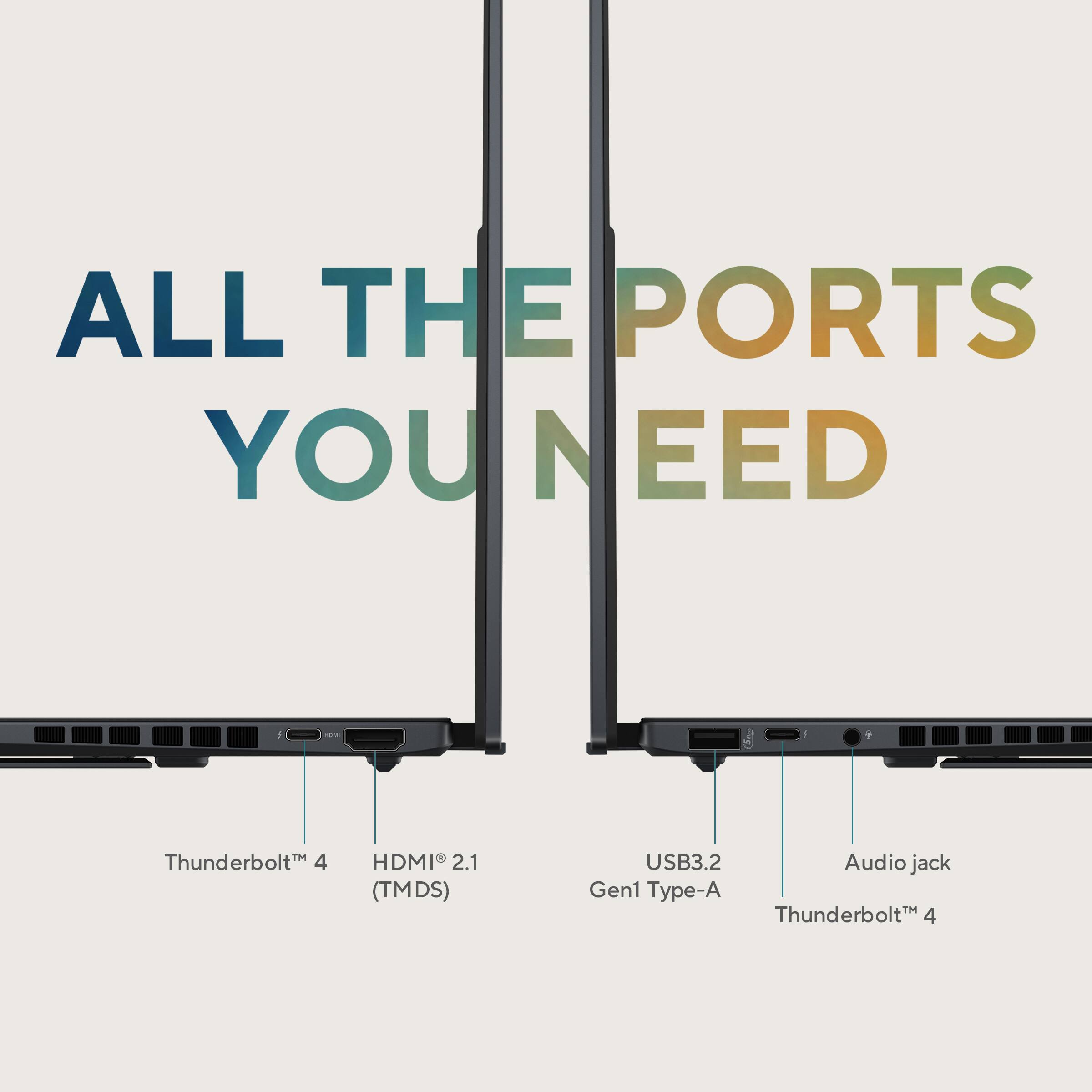 All the ports you need: Thunderbolt 4, HDMI 2.1 (TMDS), USB3.2, Audio jack, Gen1 Type-A.
