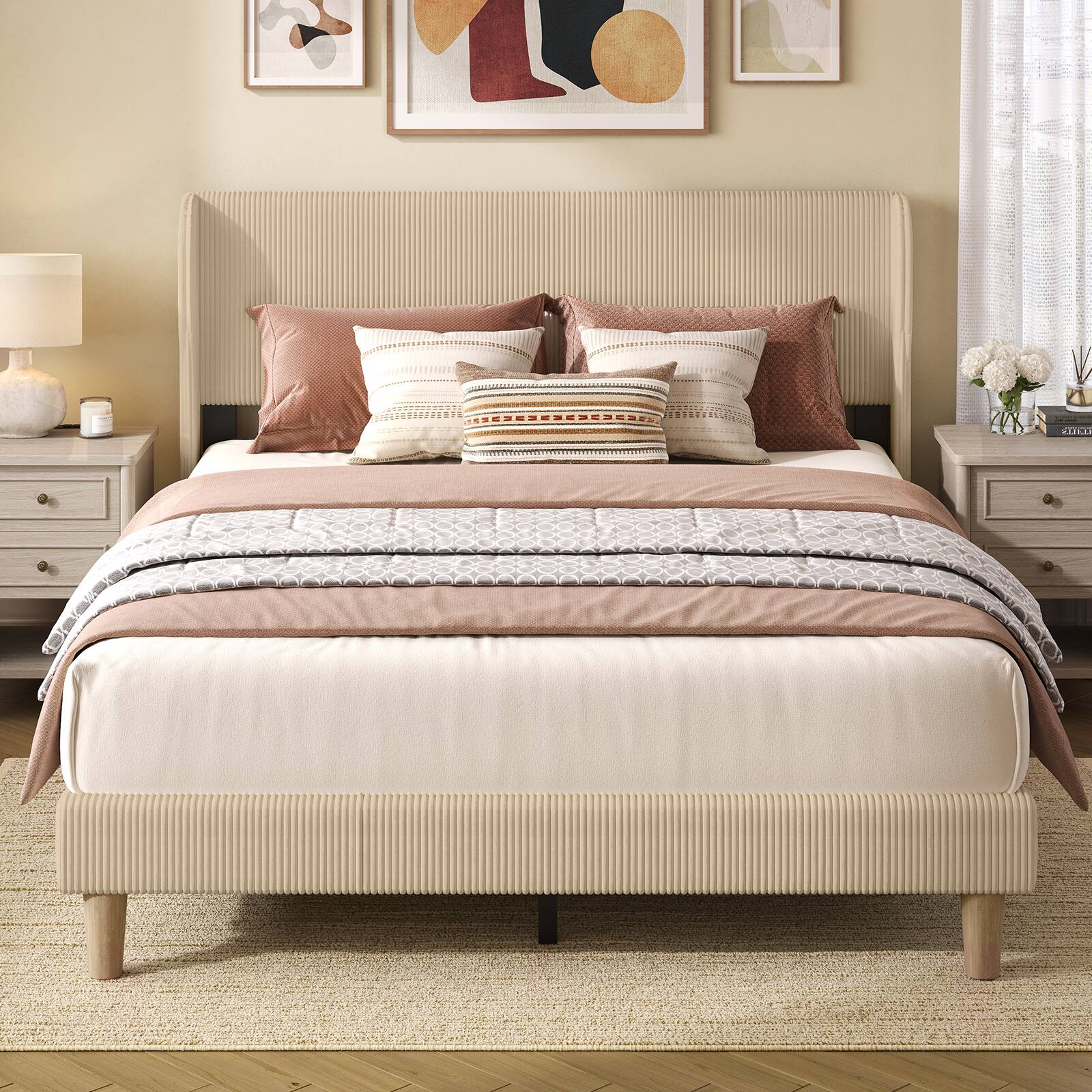 Back. Bestier - Wood Frame Corduroy Upholstered Platform Bed Frame with Wingback Headboard - Taupe.