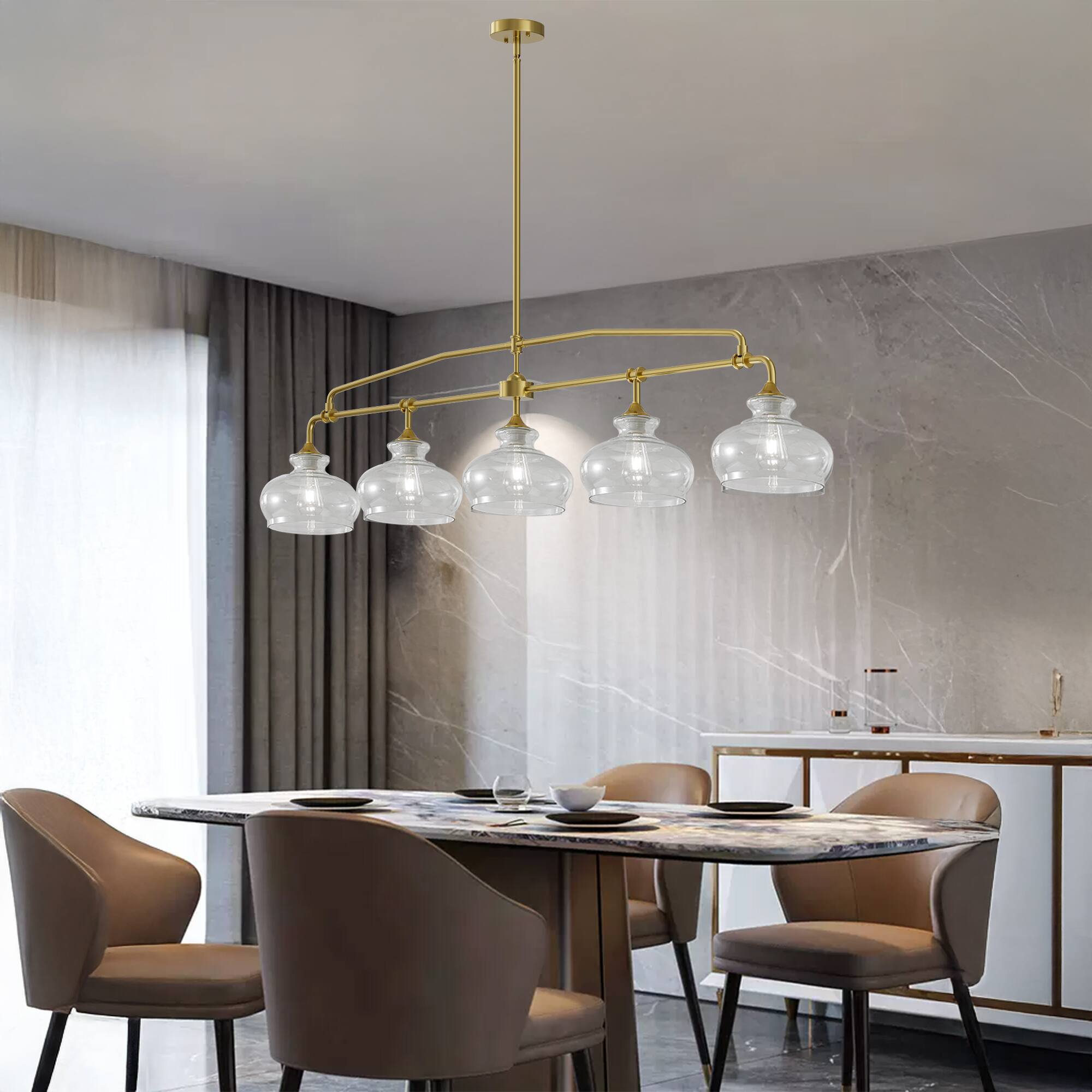 Back. RYHNUYNE - 5-Light Adjustable Brass Kitchen Island Pendant Light with Clear Glass Shades Farmhouse Chandelier for Dining Table - Brass.