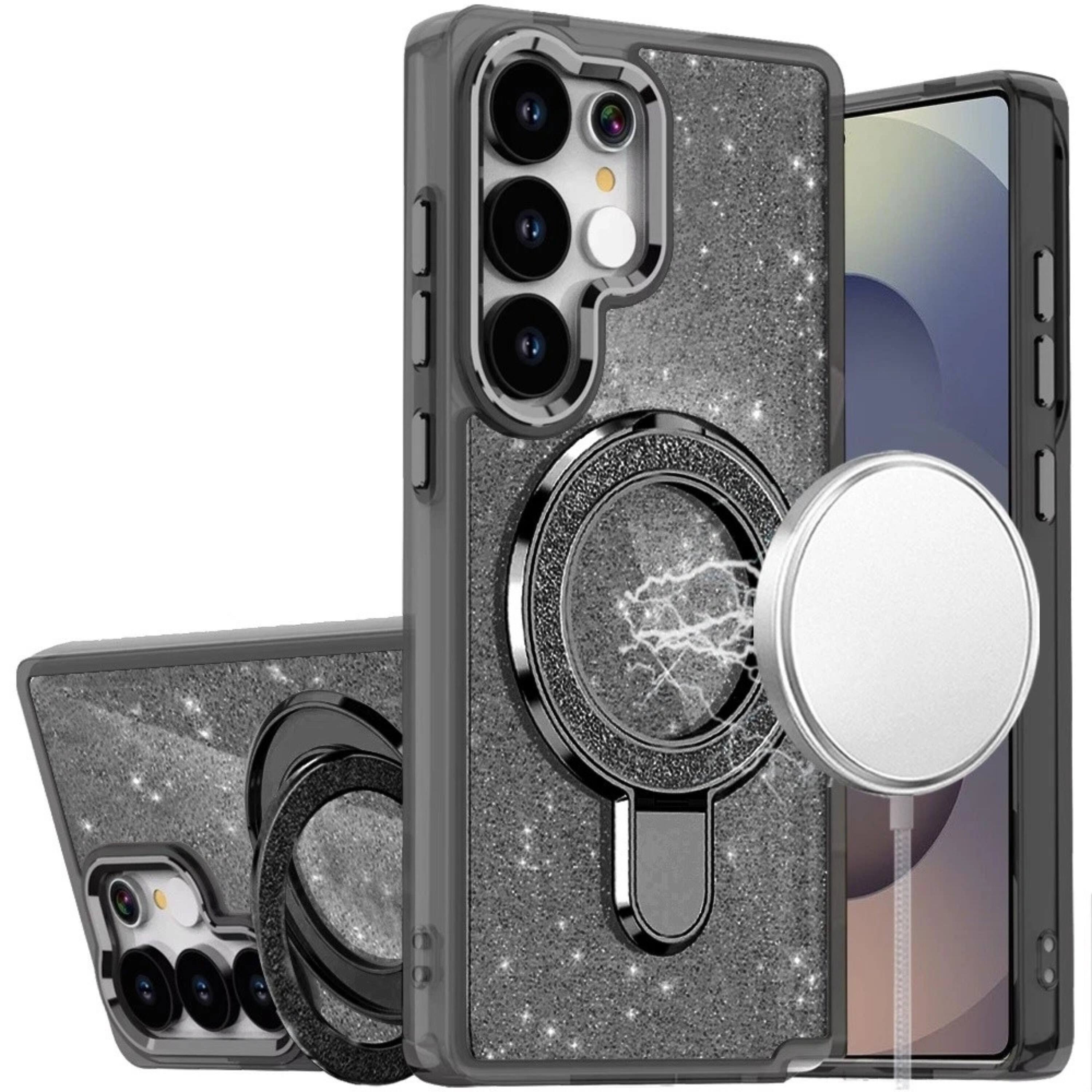 Front. Kitcheniva - Translucent Glitter Magnetic Circle Phone Case With Tempered Glass For Samsung S26 Ultra Black - Black.