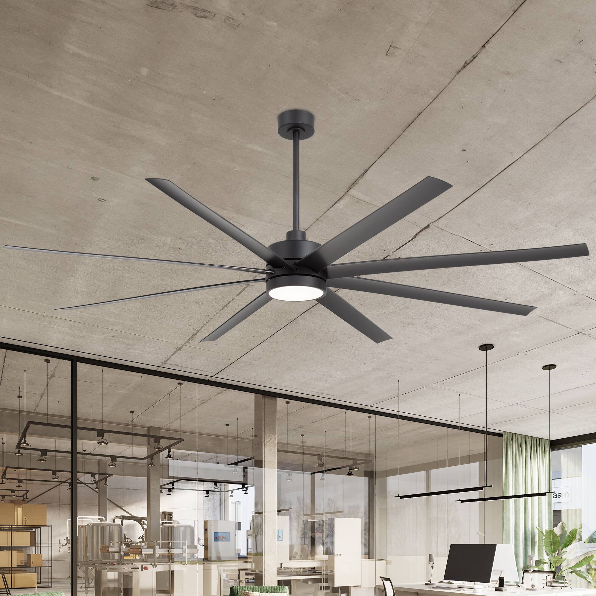 Back. Breezary - 84-in Large Ceiling Fan with 8 ABS Blades, 6-Speed DC Motor, Remote Control, 3 Downrods with Timer, Optional Light Kit - Matte Black (With Light).