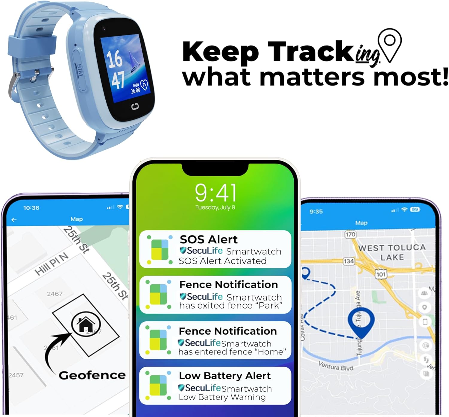 Sure, here is the corrected and grouped text from the image:

---

**Keep Tracking what matters most!**

**SIM 16 47 SUN 26.08**

**10:36 Map 25th St PI Hill 25th 2467 St 161 2061 2 2457 Geofence**

**9:41 Tuesday, July 9**

**SOS Alert SecuLife Smartwatch SOS Alert Activated**

**Fence Notification SecuLife Smartwatch has exited fence "Park"**

**Fence Notification SecuLife Smartwatch has entered fence "Home"**

**Low Battery Alert SecuLife Smartwatch Low Battery Warning**

**9:35 Map 170 WEST TOLUCA LAKE 134 101 M Ave ga o PY Tuju COlt Tujung Ventura Blvd**

---

This text is organized to reflect the information displayed in the image, including the time, date, and various notifications from the SecuLife Smartwatch.