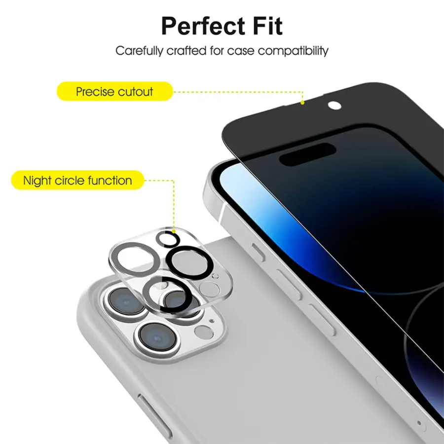 The text on the image reads: "Perfect Fit Carefully crafted for case compatibility Precise cutout Night circle function."