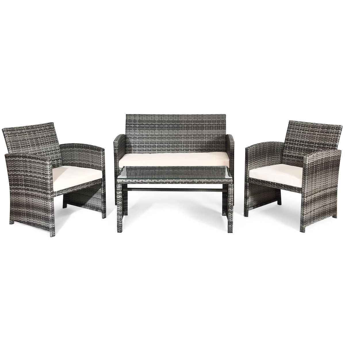 Front. Costway - Costway 4PCS Patio Rattan Furniture Set Conversation Glass Table Top Cushioned Sofa - Beige.