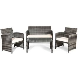 Costway - 4PCS Patio Rattan Furniture Set Conversation Glass Table Top Cushioned Sofa - Beige