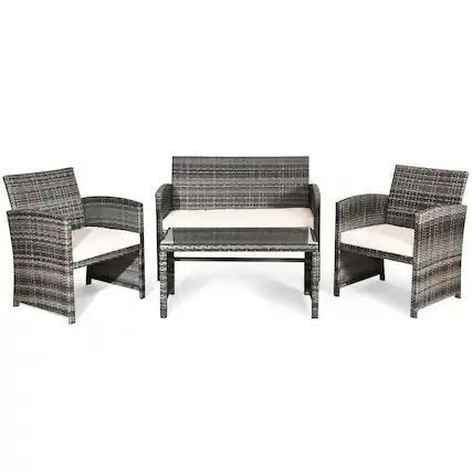Front. Costway - Costway 4PCS Patio Rattan Furniture Set Conversation Glass Table Top Cushioned Sofa - Beige.