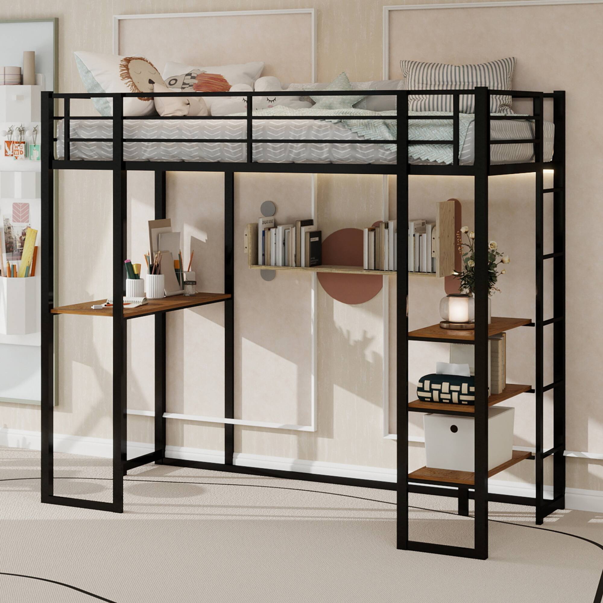 Angle. GOODSILO - Space-Saving Iron Frame Bunk Bed with Integrated L-Shaped Desk and Dual-Side Accessible Staircase for Children and Teens - Black.