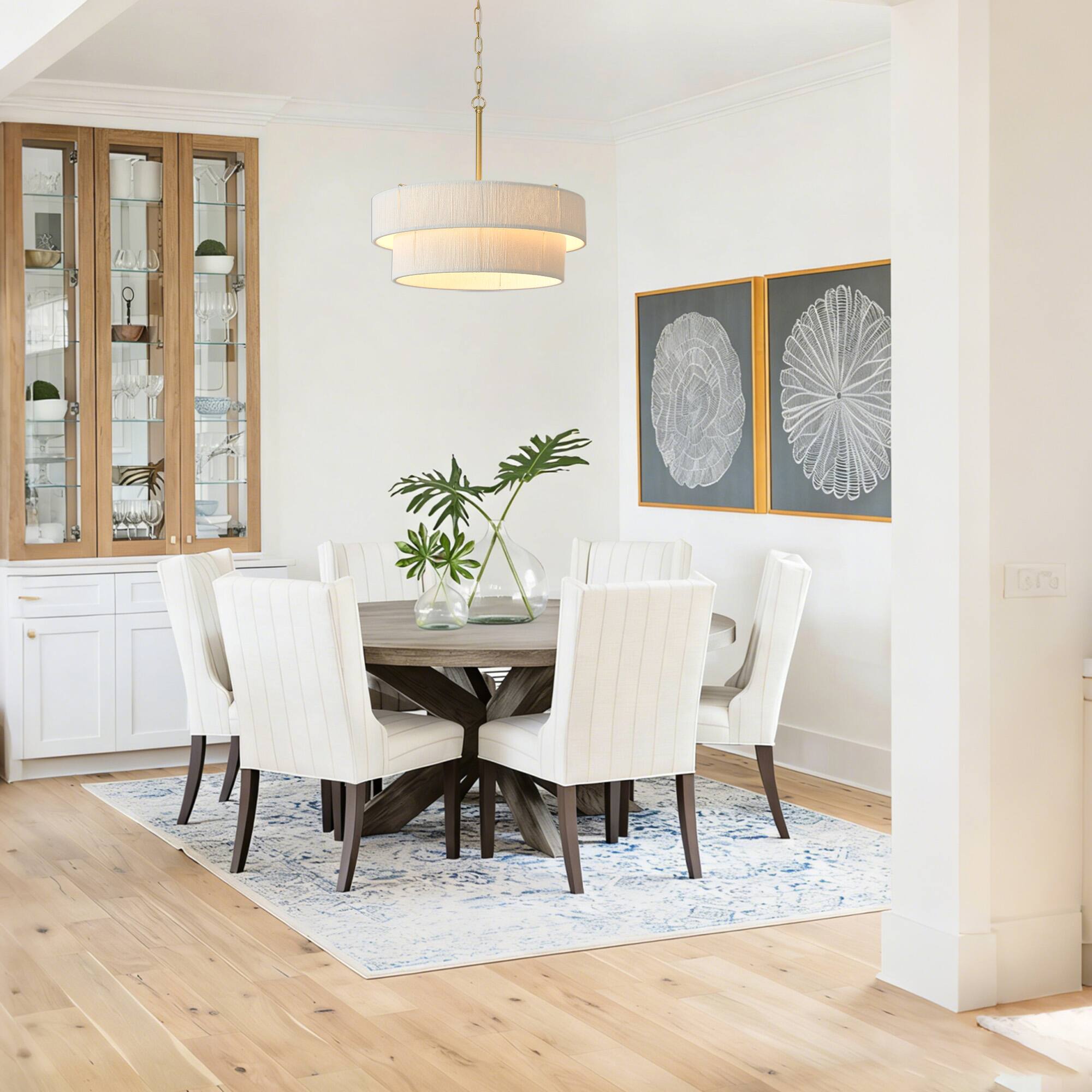 Left. RYHNUYNE - 6 Light Double Drum Chandelier with Hand-Woven Rattan Shade, Adjustable Height Gold Pendant Light for Dining Room.