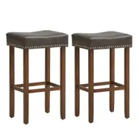 Costway - 29.5" Wood Frame PU Leather Upholstered Bar Stools Set of 2 with Footrests - Gray+Brown - Front_Zoom