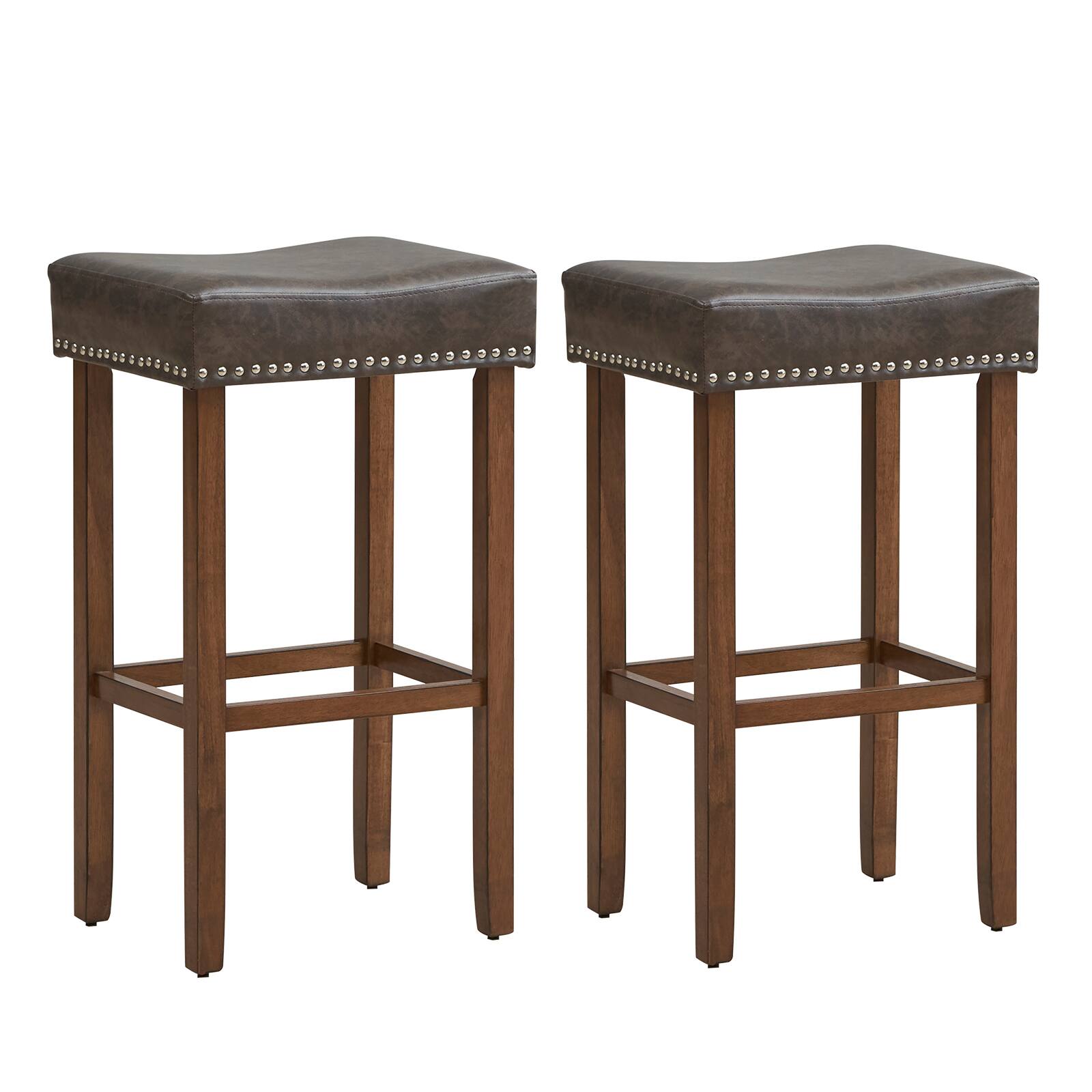 Costway - 29.5" Wood Frame PU Leather Upholstered Bar Stools Set of 2 with Footrests - Gray+Brown