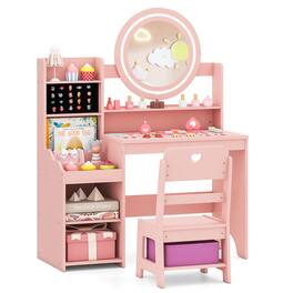 Gymax - Kids Vanity Table Set w/ Lighted LED Mirror Princess Dressing Table w/ Chair - Pink