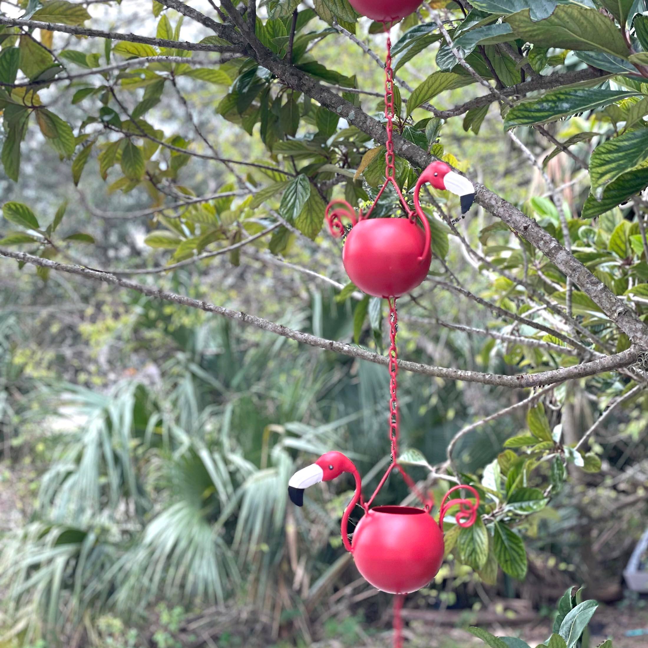 Alt View 3. Things2Die4 - 90-Inch Metal Rain Chain - 8 Portly Flamingos, 7" Long Each, Muted Red Finish - Red.