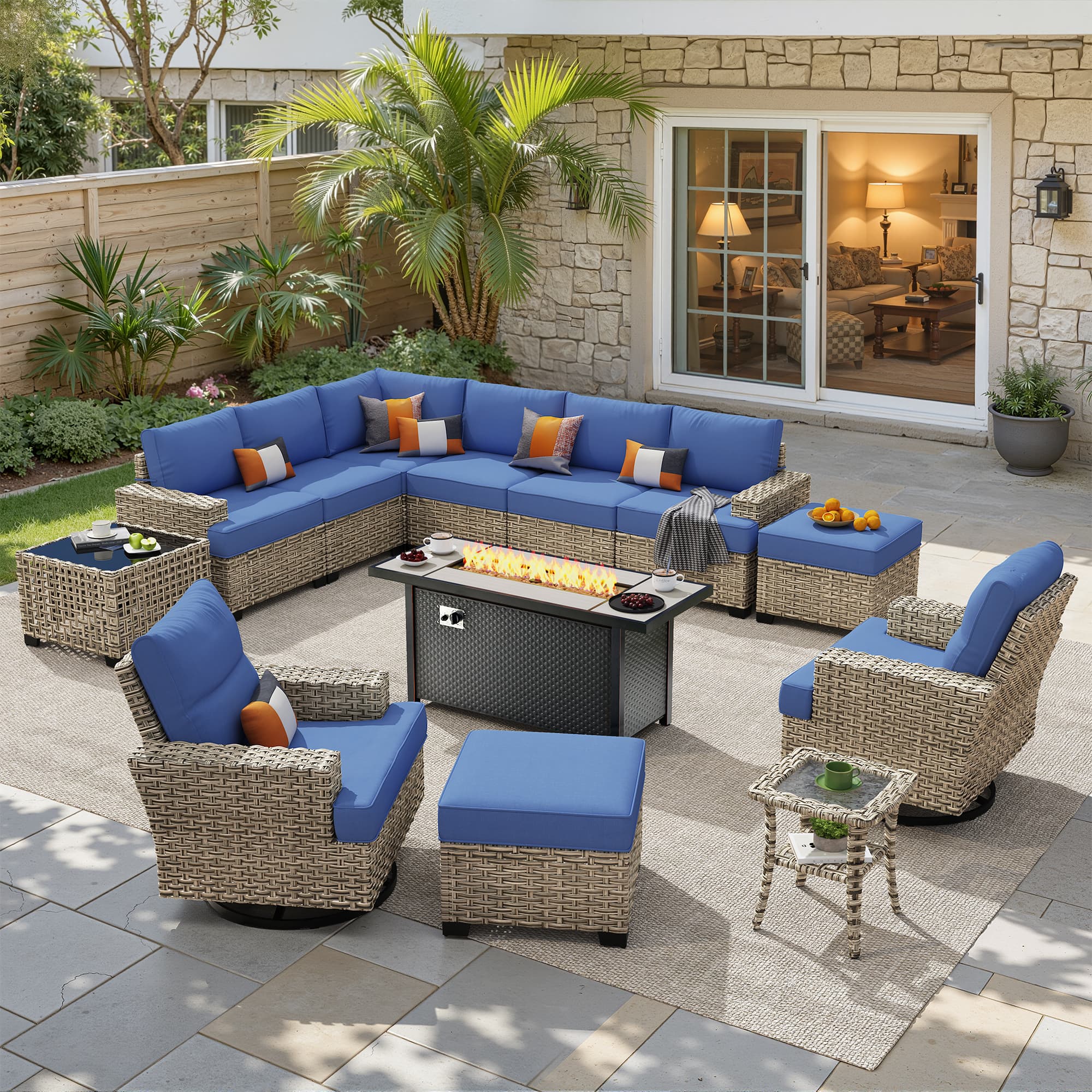 Ovios - 13 PCS Patio Furniture Set with 54" Fire Pit Table Sectional Couch with Swivel Chair & Ottoman - Navy Blue