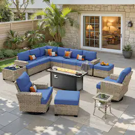 Ovios - 13 PCS Patio Furniture Set with 54" Fire Pit Table Sectional Couch with Swivel Chair & Ottoman - Navy Blue