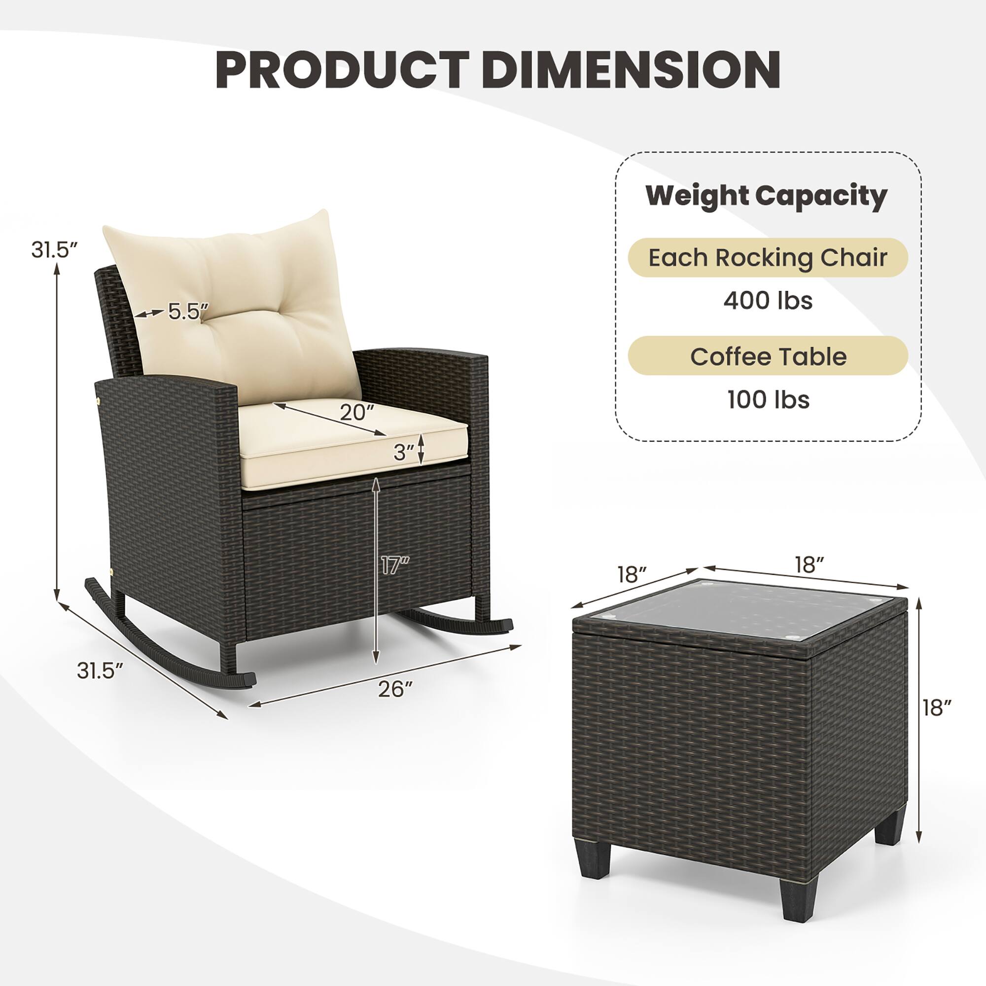 PRODUCT DIMENSION
Weight Capacity
Each Rocking Chair 400 lbs
Coffee Table 100 lbs
31.5" 5.5" 20" 3" 17" 18" 18" 31.5" 26" 18"