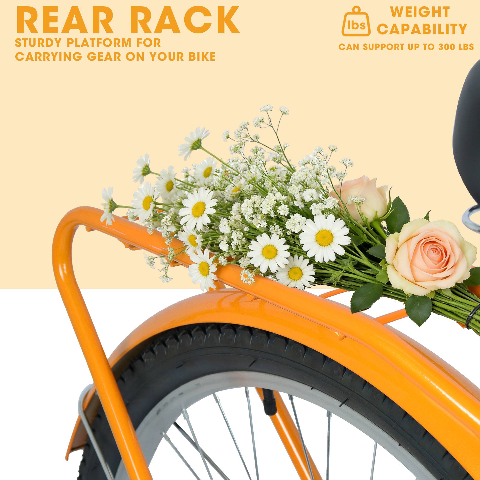 REAR RACK  
STURDY PLATFORM FOR CARRYING GEAR ON YOUR BIKE  

WEIGHT CAPABILITY  
CAN SUPPORT UP TO 300 LBS
