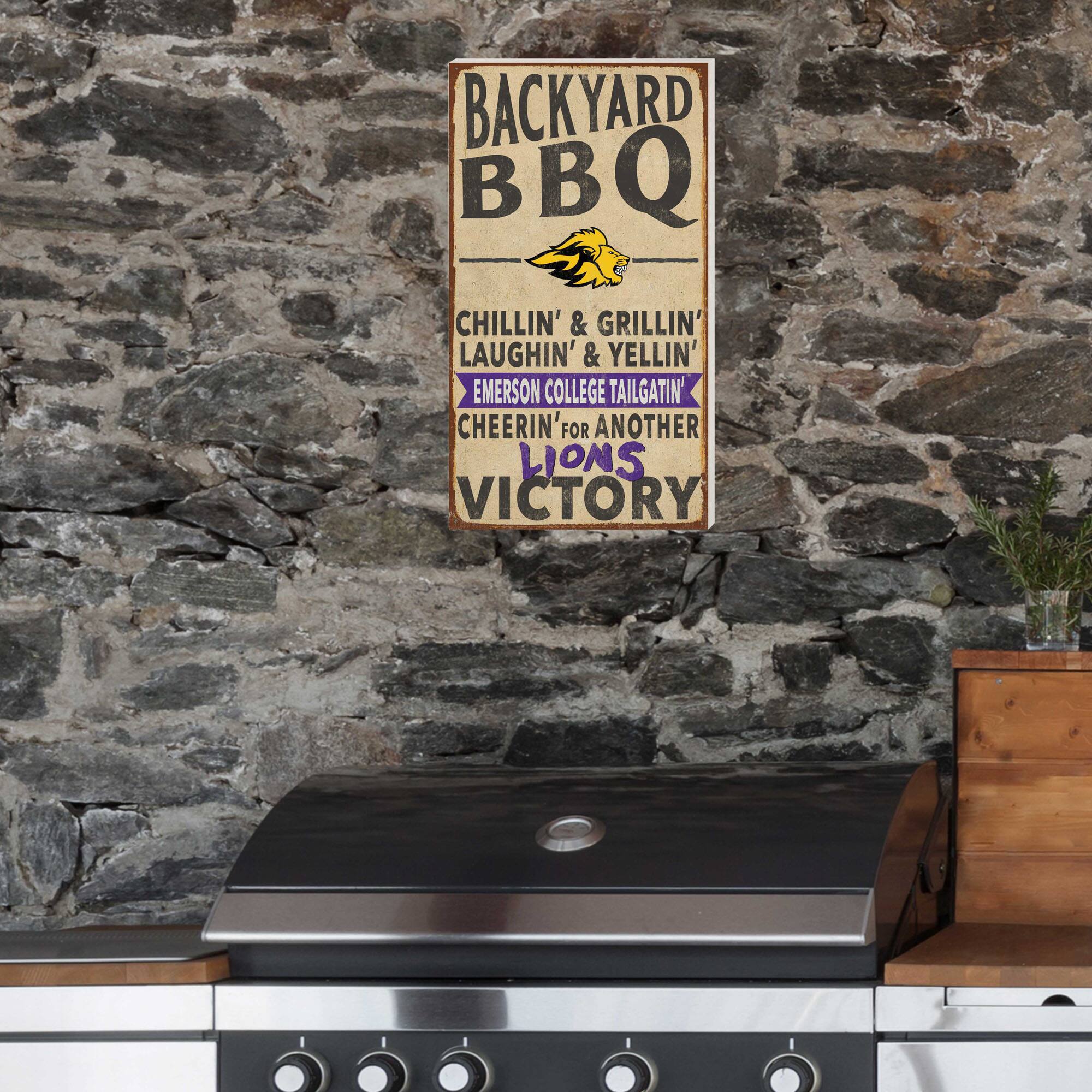 BACKYARD BBQ  
CHILLIN' & GRILLIN'  
LAUGHIN' & YELLIN'  
EMERSON COLLEGE TAILGATIN'  
CHEERIN' FOR ANOTHER LIONS VICTORY