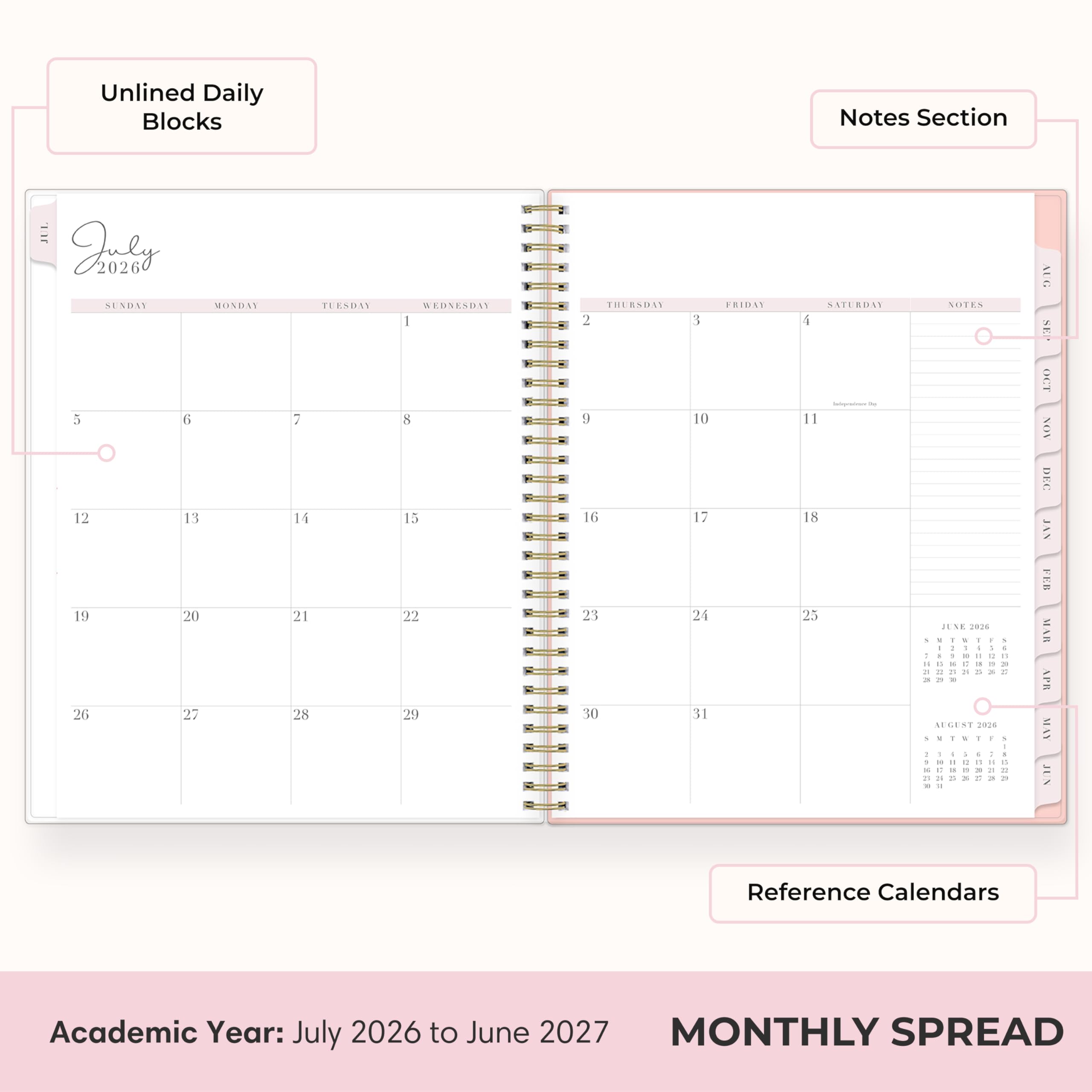 Unlined Daily Blocks

Notes Section

Janda 2026
SUNDAY MONDAY 5 6 12 13 19 20 26 27
TUESDAY 7 14 21 28
WEDNESDAY 8 15 22 29
THURSDAY 2 9 16 23 30
FRIDAY 3 10 17 24 31
SATURDAY 4

NOTES 0 JUSE 2026 (30 X 1 2 1 F 9 - allar 1 - one 4 - I 1 x 0 p 1 14 11 = C u 3 30 2 is 21 25 2) AUGUST 2026 - x 1 1 F 1 1 - soin, 4 I - I 8 C B : 4 21

AUG 8KP OCT NON DEC JAN BONCHS MAR APR MAY JUN

Reference Calendars

Academic Year: July 202