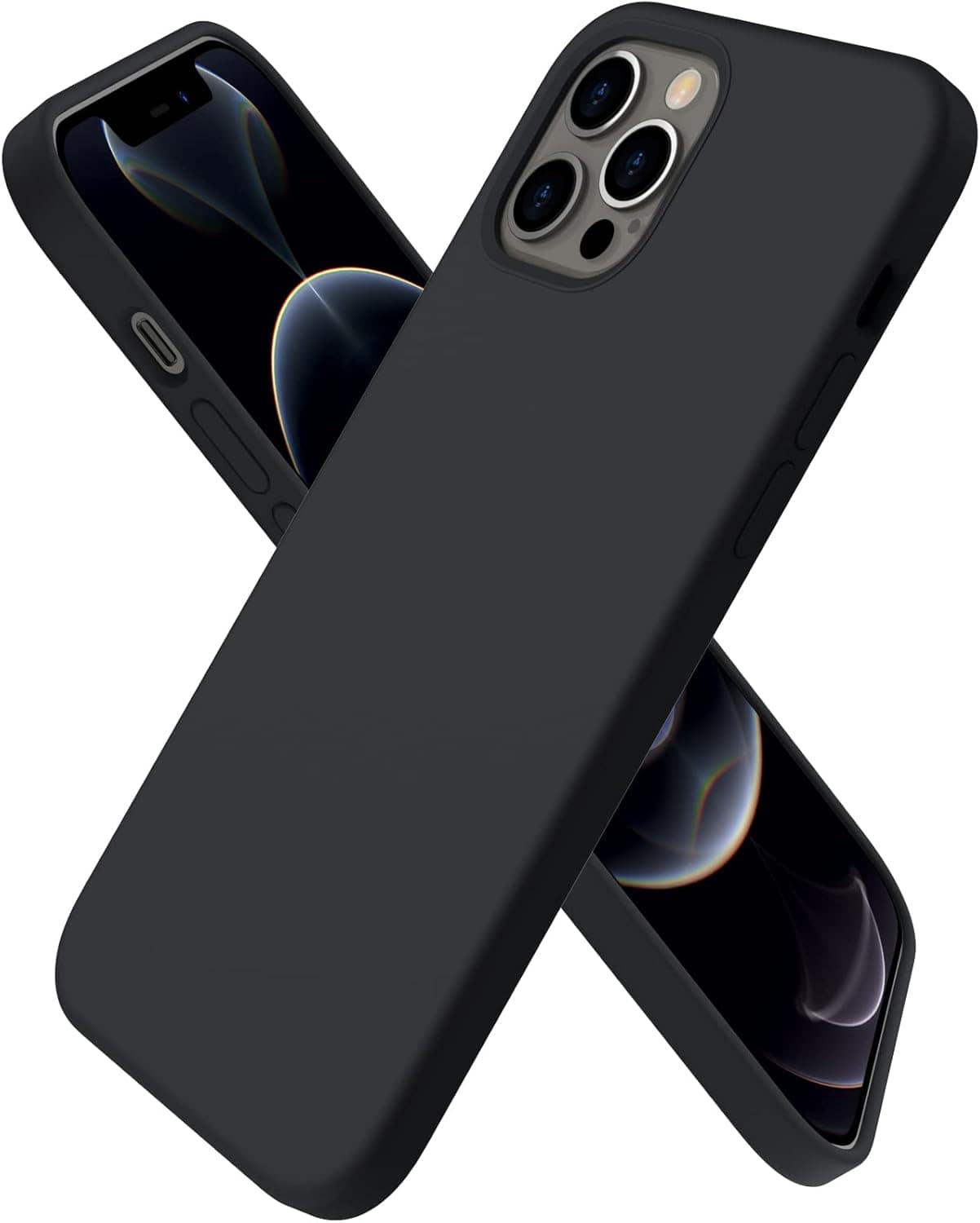 Front. Ornarto - ORNARTO Designed for iPhone 12 Case 6.1" and iPhone 12 Pro Case, Slim Liquid Silicone Full Covered Case-Black - Black.