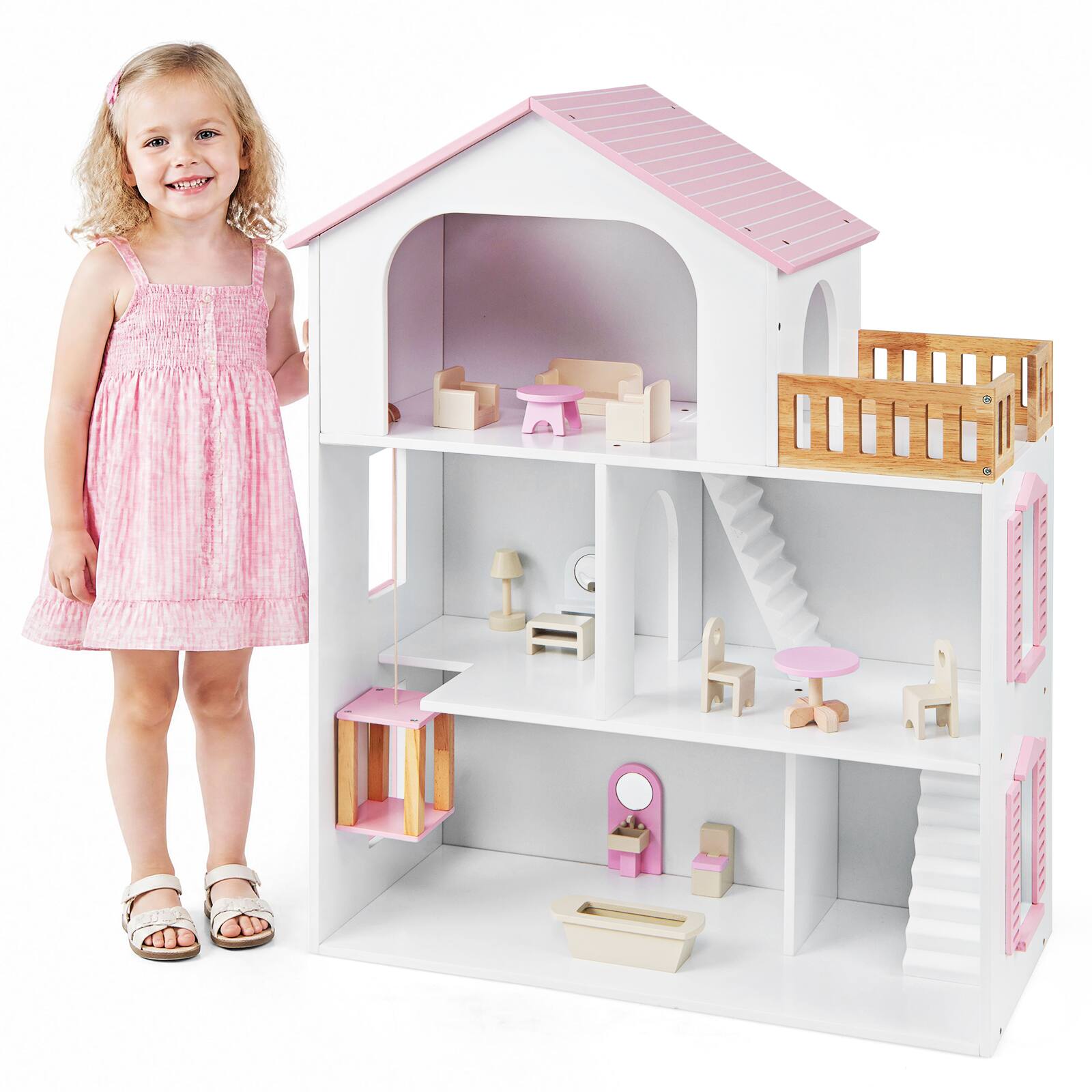 Alt View 9. Costway - Costway 3-Story Doll House with 5 Rooms and Furniture Accessories, Pretend Play Toy - Pink.